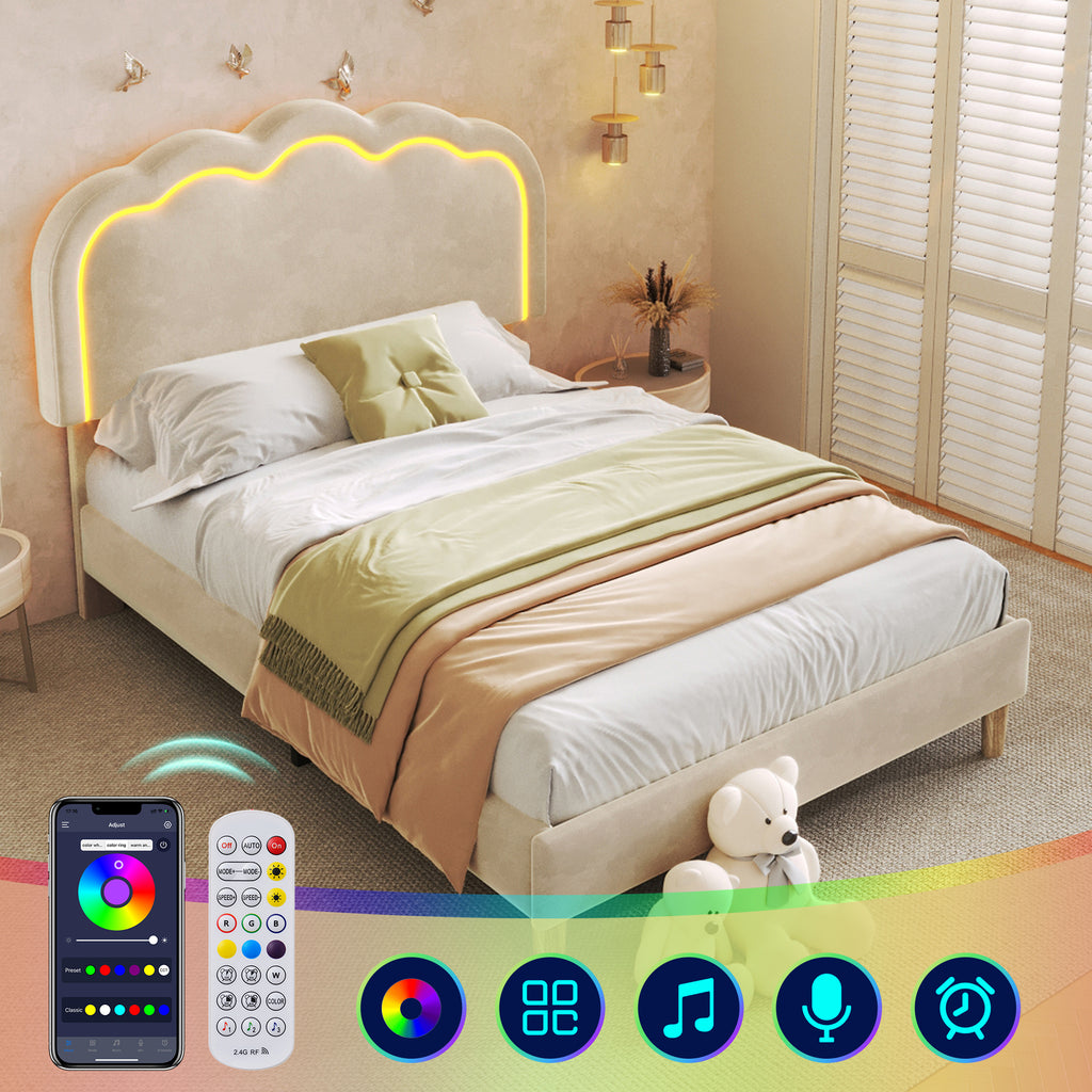 Upholstered Bed, 3ft 90x190cm Single Bed with LED, Bed Frame with Wooden Slats and Adjustable Height Headboard, Teen Bed for Bedroom and Guest Room, Beige, Velvet Material, Without Mattress.