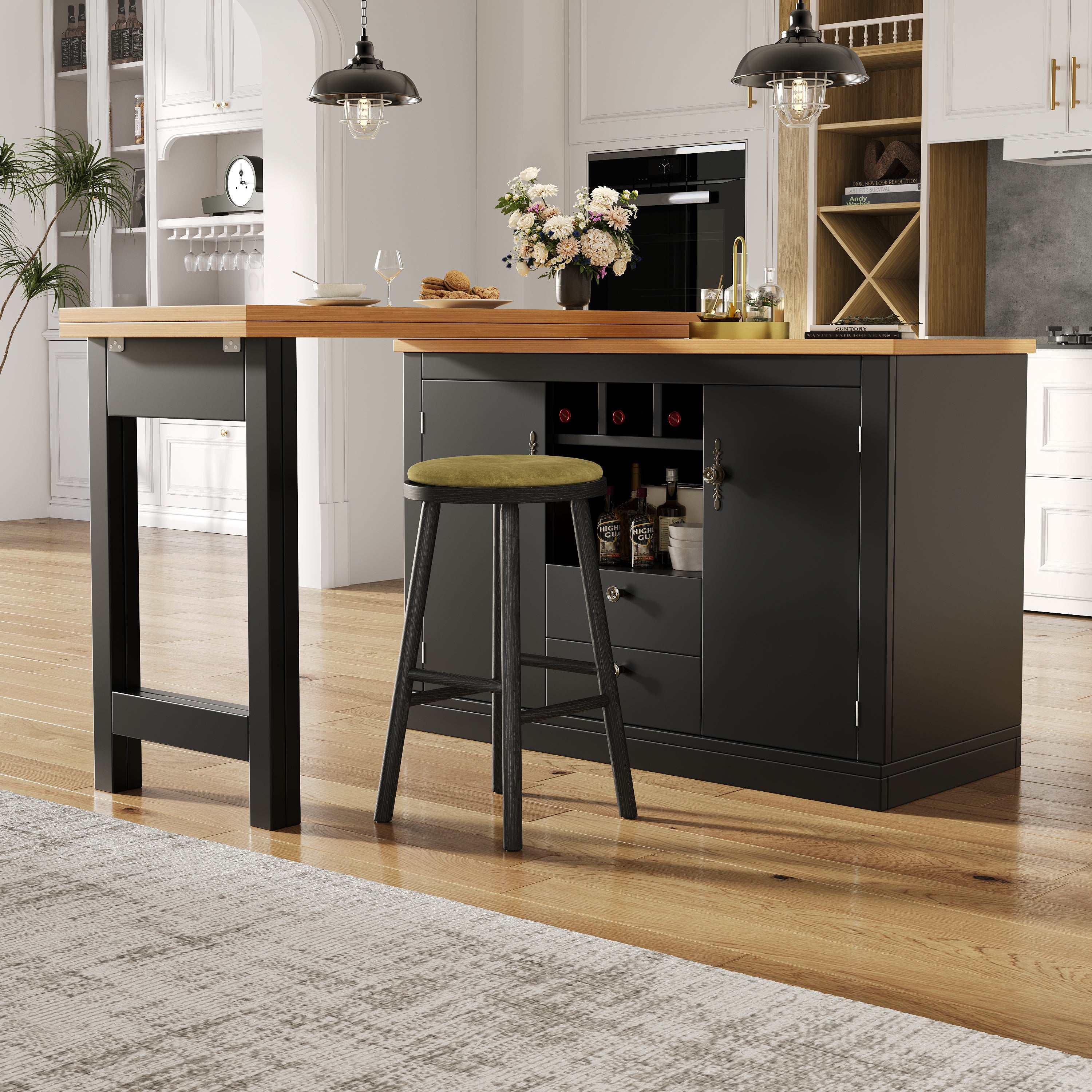 360° rotation, bar table (main body 120-180 x 40 x 76 cm), coffee bar furniture, rotatable dining bar with storage, kitchen island, double doors with wine rack, adjustable shelves, open storage space