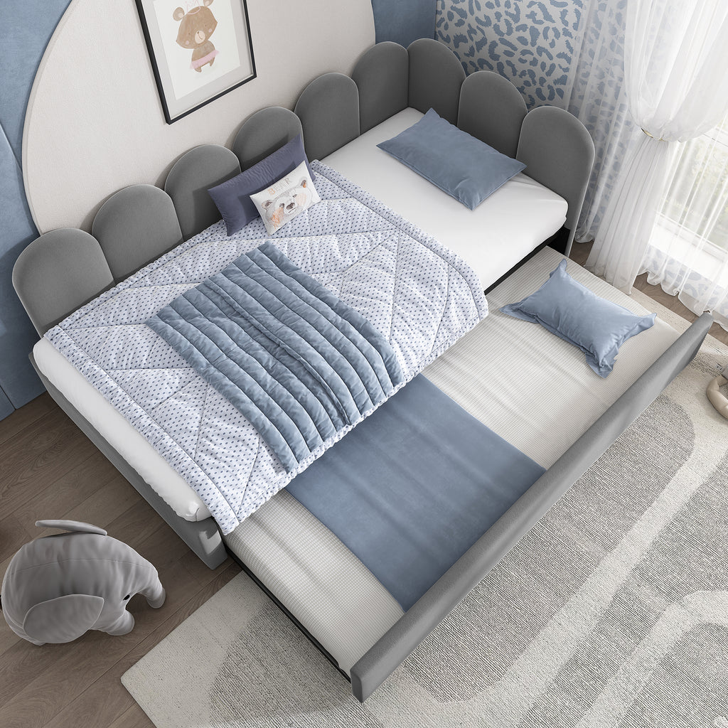 Upholstered Bed Daybed with Pull-Out Bed, 3FT Single Sofa Bed 90 x 190 cm, Guest Beds for Adults and Children, Bed with Slatted Frame, Velvet, Grey (No Mattress)