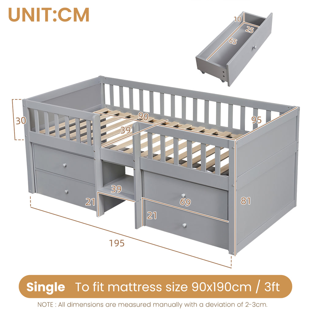 Low Loft Bed with Storage, Solid Wood Bed Frame with Drawer Storage, 3ft Single Bed with Guardrail, No Box Spring Needed, Saving-space Design for Bedroom, Modern Bed for Children, Grey (No Mattress)