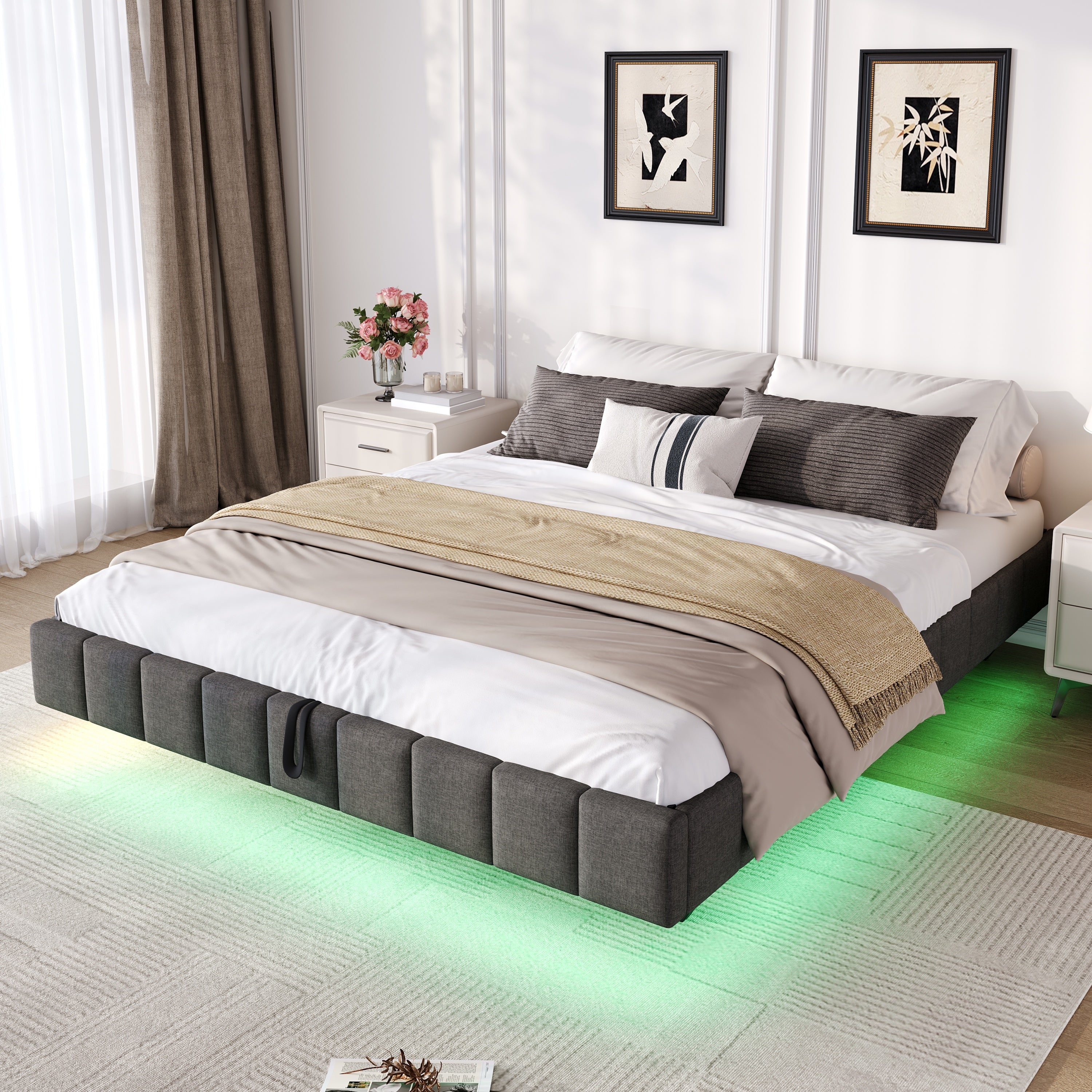 4ft6 Double Floating Bed Frame with Hydraulic Under-bed Storage & Smart RGB LED Lights, No Headboard Upholstered Bed with Concealed Anti-Collision Leg, Linen Fabric, Grey (No Mattress)