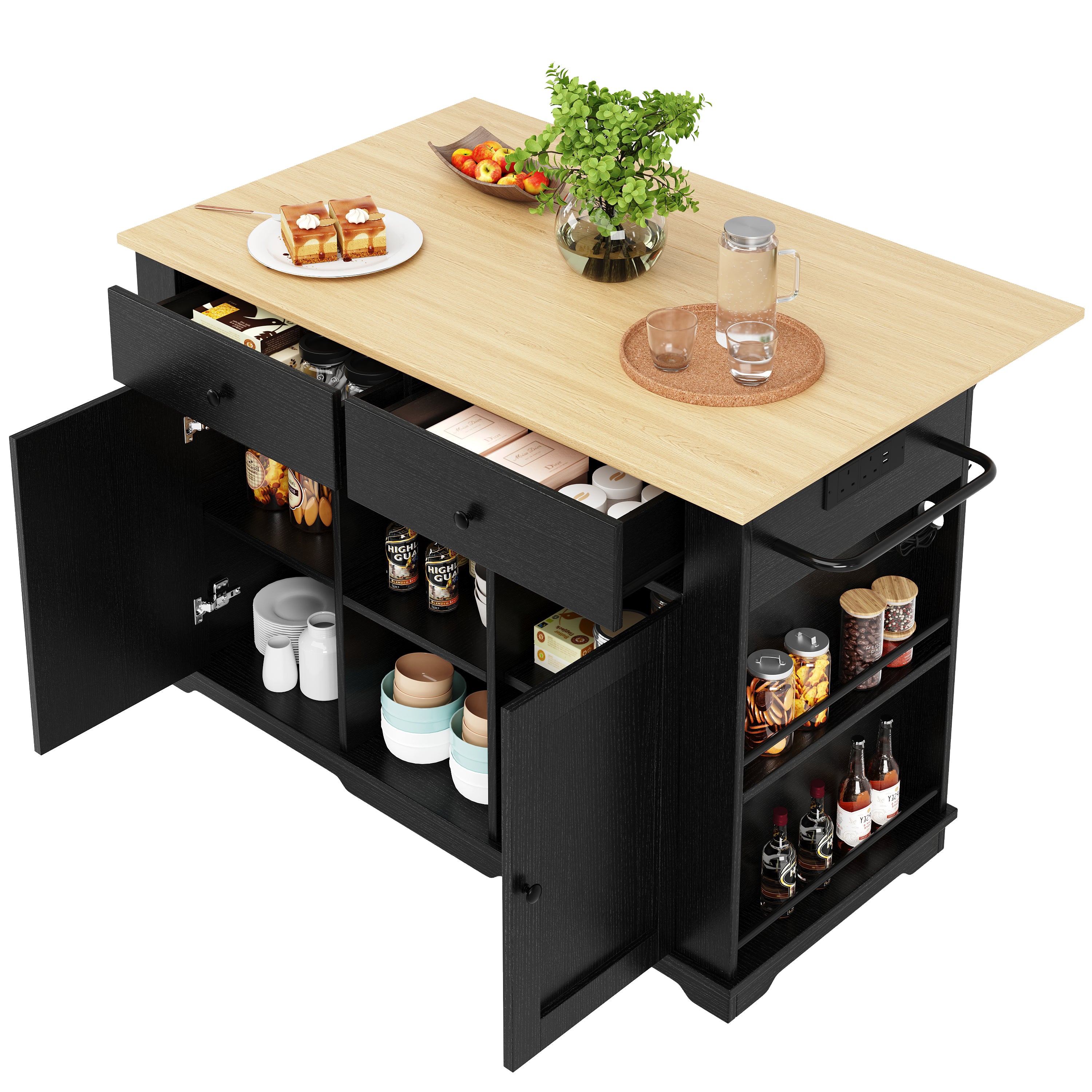 Kitchen island, kitchen trolley equipped with power strip, kitchen cabinet, serving trolley with worktop, buffet cabinet, dining trolley with wood grain, black