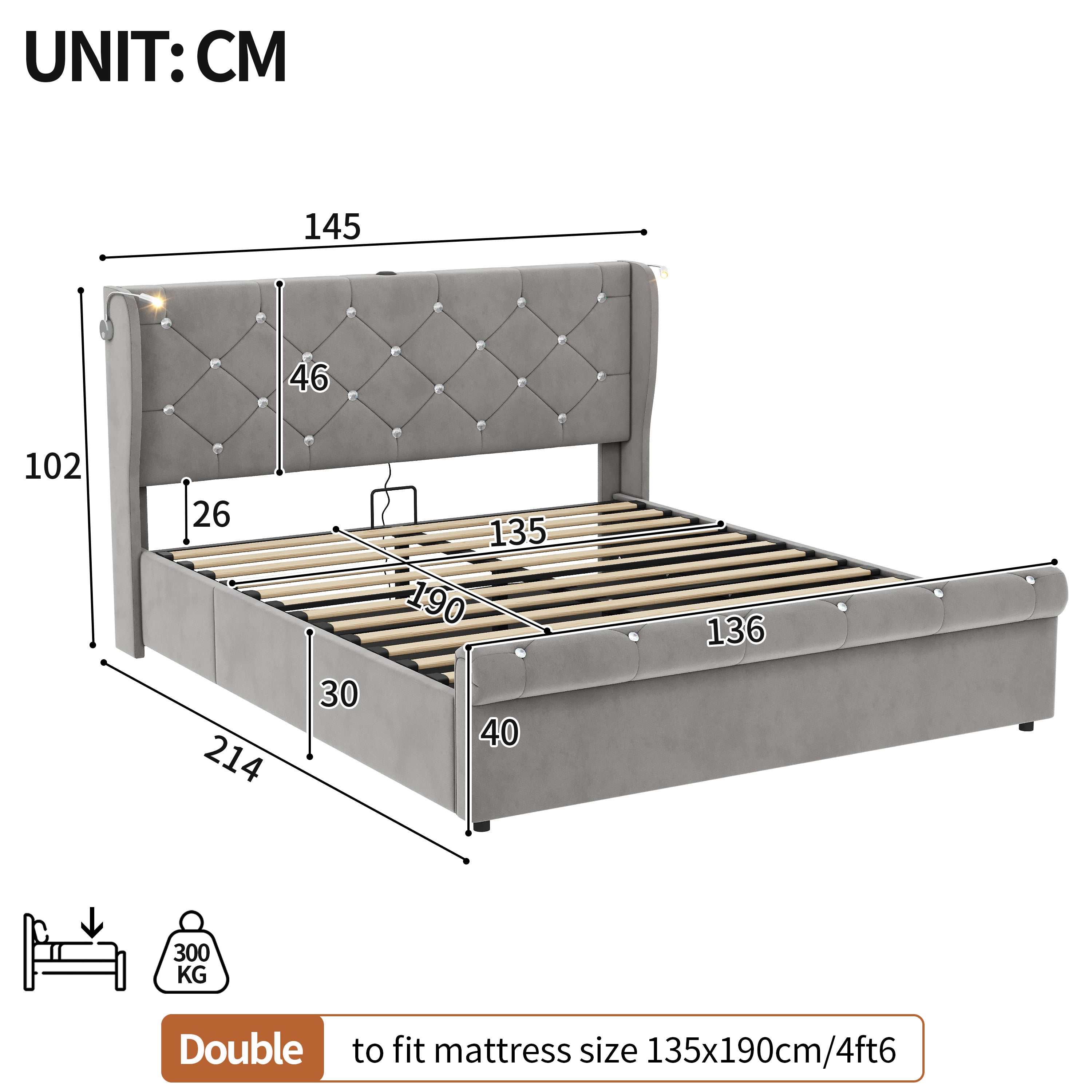 4ft6 Double Upholstered Bed Frame with Hydraulic Storage,  Diamond Tufted Headboard with Charging Station and Reading Light, USB and Type - C Ports, Velvet, Grey (No Mattress)