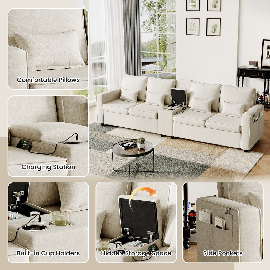 4-Seater Modern Sofa with Storage Console, Minimalist Style Couch with Side Pockets, Cup Holders and Charging Ports (USB & Type-C), for Living Room, Apartment, Office,Beige, Linen Fabric