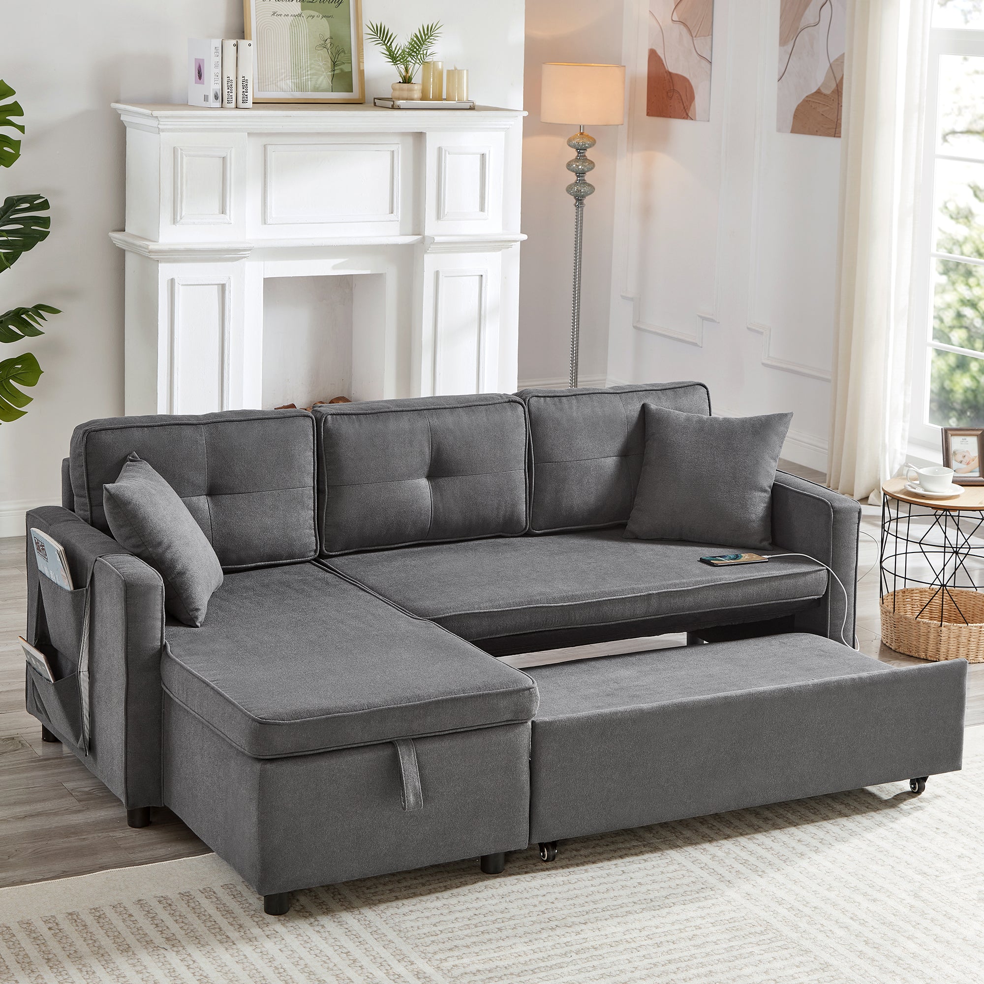 L-Shaped Pull Out Sleep Sofabed, Modern Reversible Sleeper Sectional Sofa, 3 in 1 Convertible Sofa Bed with Storage Chaise, Drop-Down Table, Cup Holders and Charging Ports (USB & Type-C), Grey