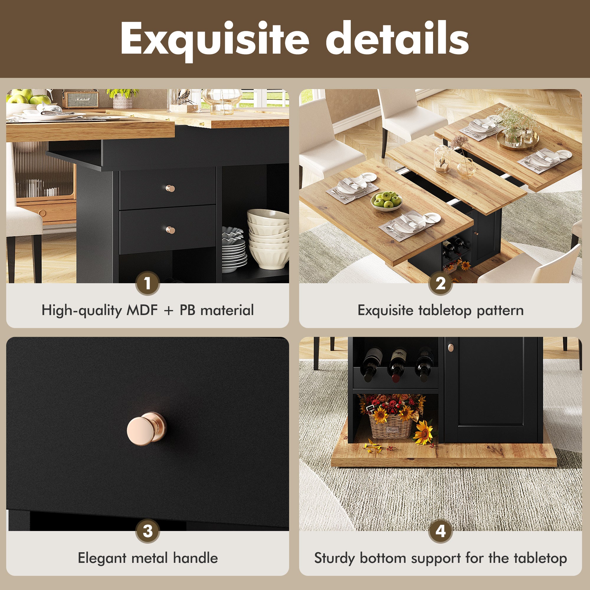 Telescopic dining table (110-140×80 cm), foldable kitchen table for 4-6 people, extendable dining table, space-saving kitchen table, for kitchen and living room, table with snack shelf and wine rack