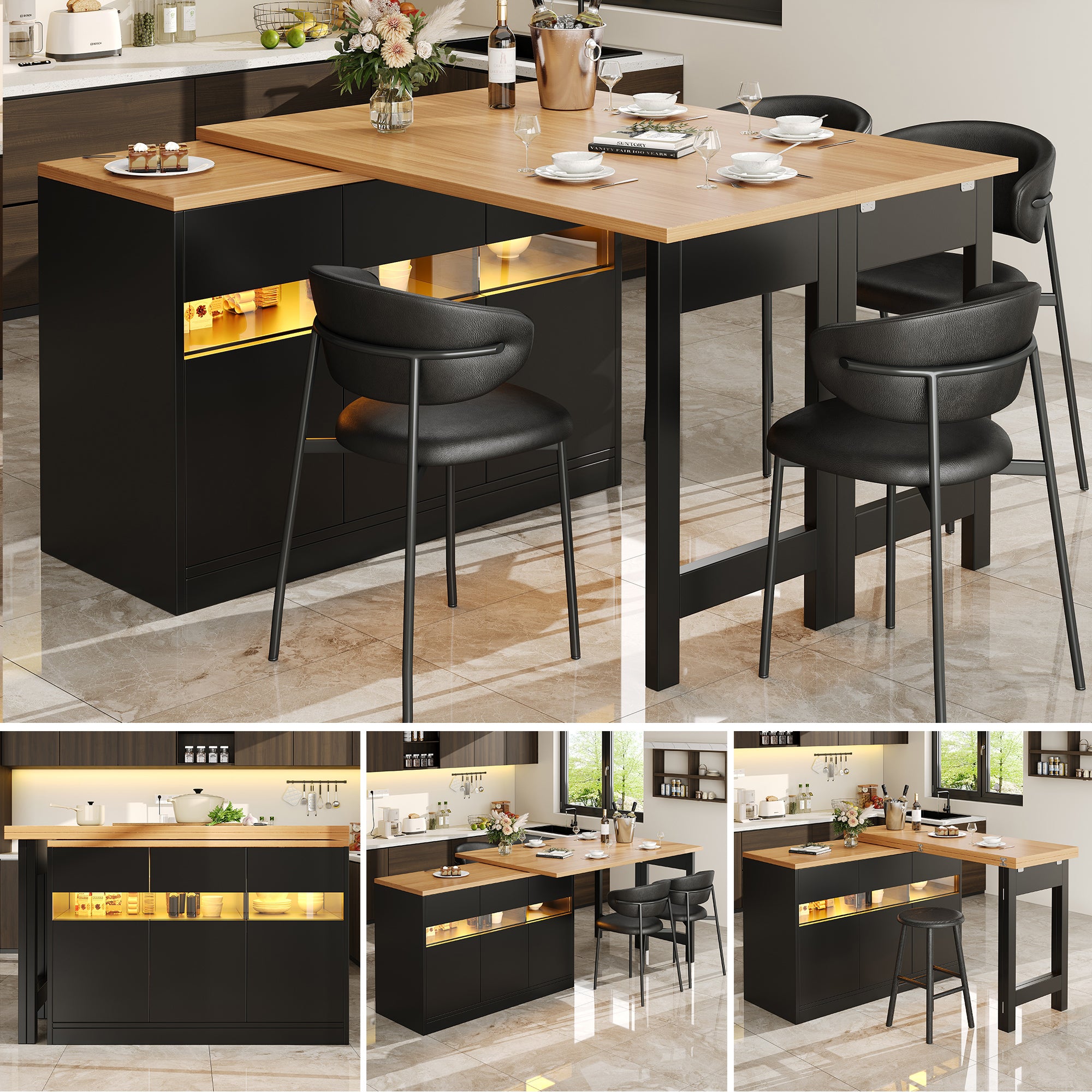 Extendable bar table with LED lighting and 360° swivel function, adjustable length 120-180 cm, modern kitchen island table with storage space, for living room, dining room, home office