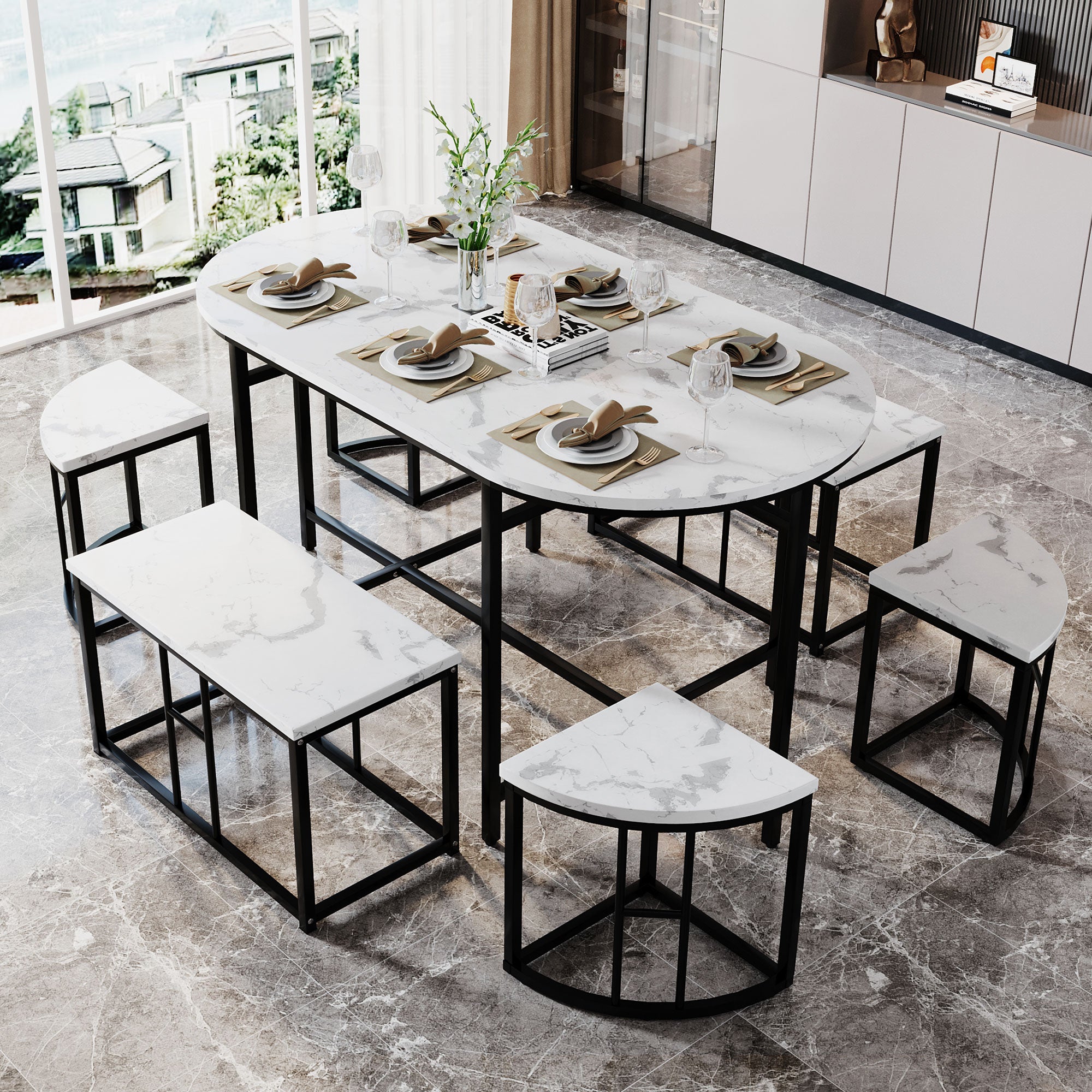 Dining room table set with six chairs, Dining group with white MDF seat cushions and gold-plated iron frames, Modern luxury tables and chairs