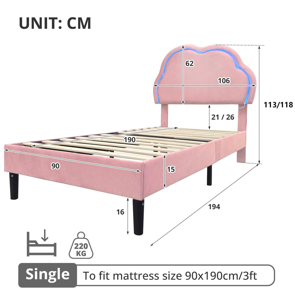 3ft Single Upholstered Bed with LED Adjustable Cute Cloud Headboard, Soft Velvet Bed Frame with Solid Wood Slat, No Box Spring Needed, Easy Assembly, Pink (No Mattress)