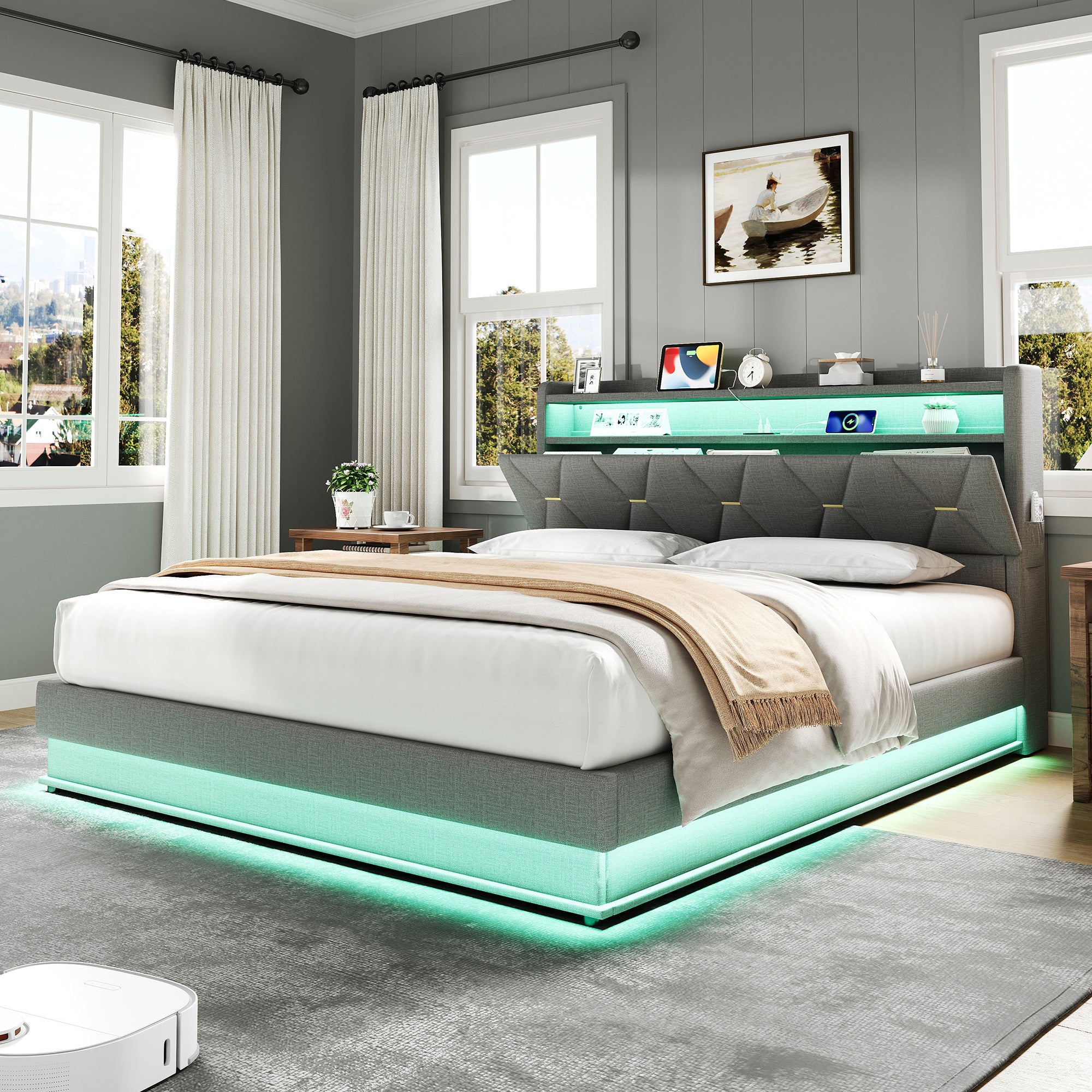 4ft6 Double Upholstered Bed Frame with Hydraulic Storage,  LED Headboard with Charging Station and Concealed Headboard Storage, USB and Type - C Ports, Linen, No Box Spring Needed, Grey (No Mattress)
