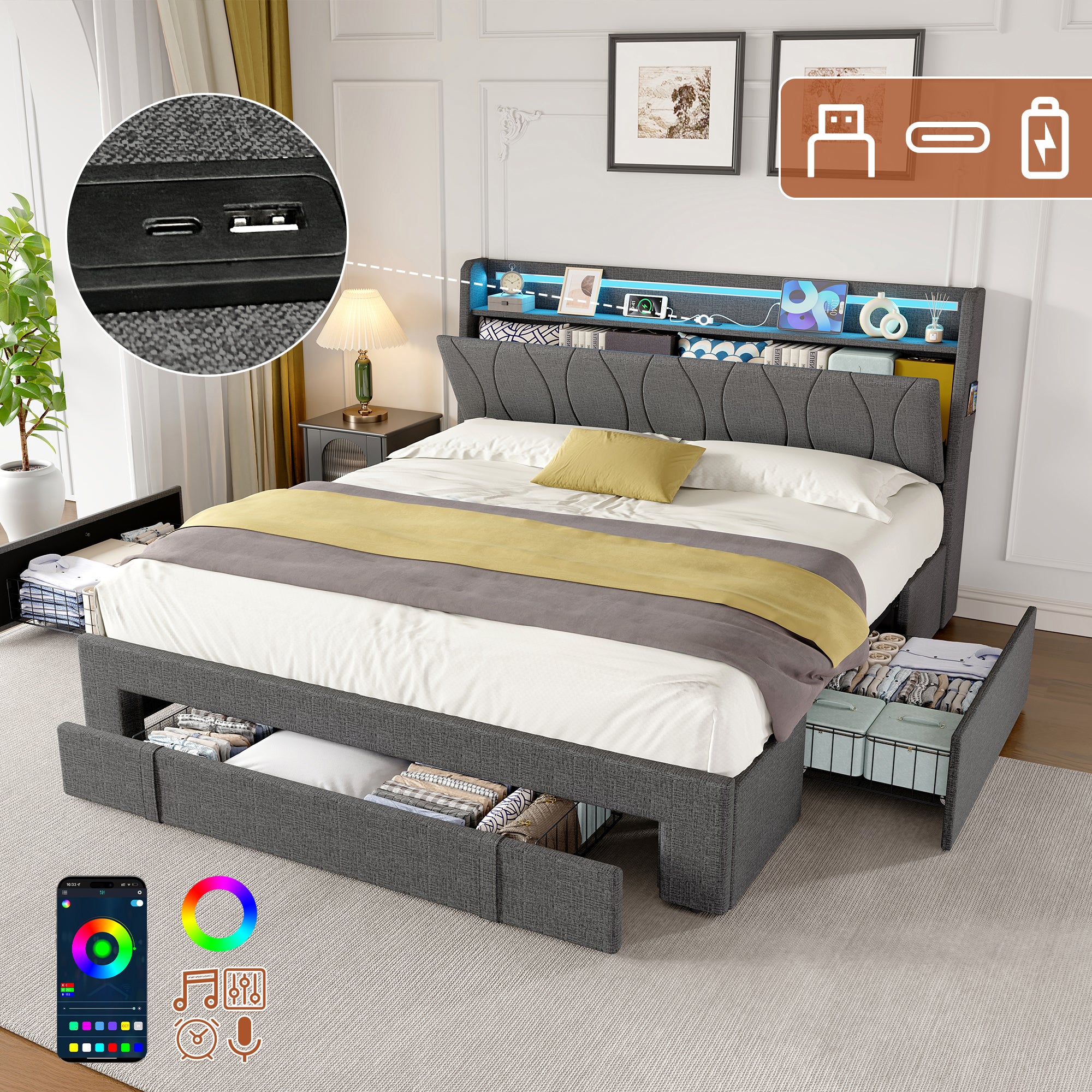 4ft6 Double Upholstered Bed with Three Storage Drawers, LED Headboard with Charging Station and Concealed Headboard Storage,USB and Type - C Ports, Linen, No Box Spring Needed, Grey (No Mattress)