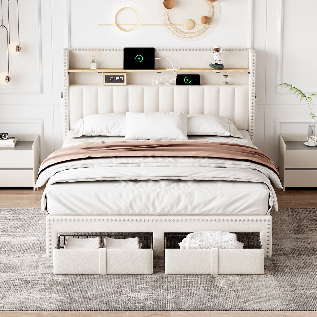4ft6 Double Upholstered Bed with 2 Storage Drawers, Riveted Storage Bed with Charging and Lighting, Linen Platform Bed Frame No Box Spring Needed, Easy Assembly, Beige (No Mattress)