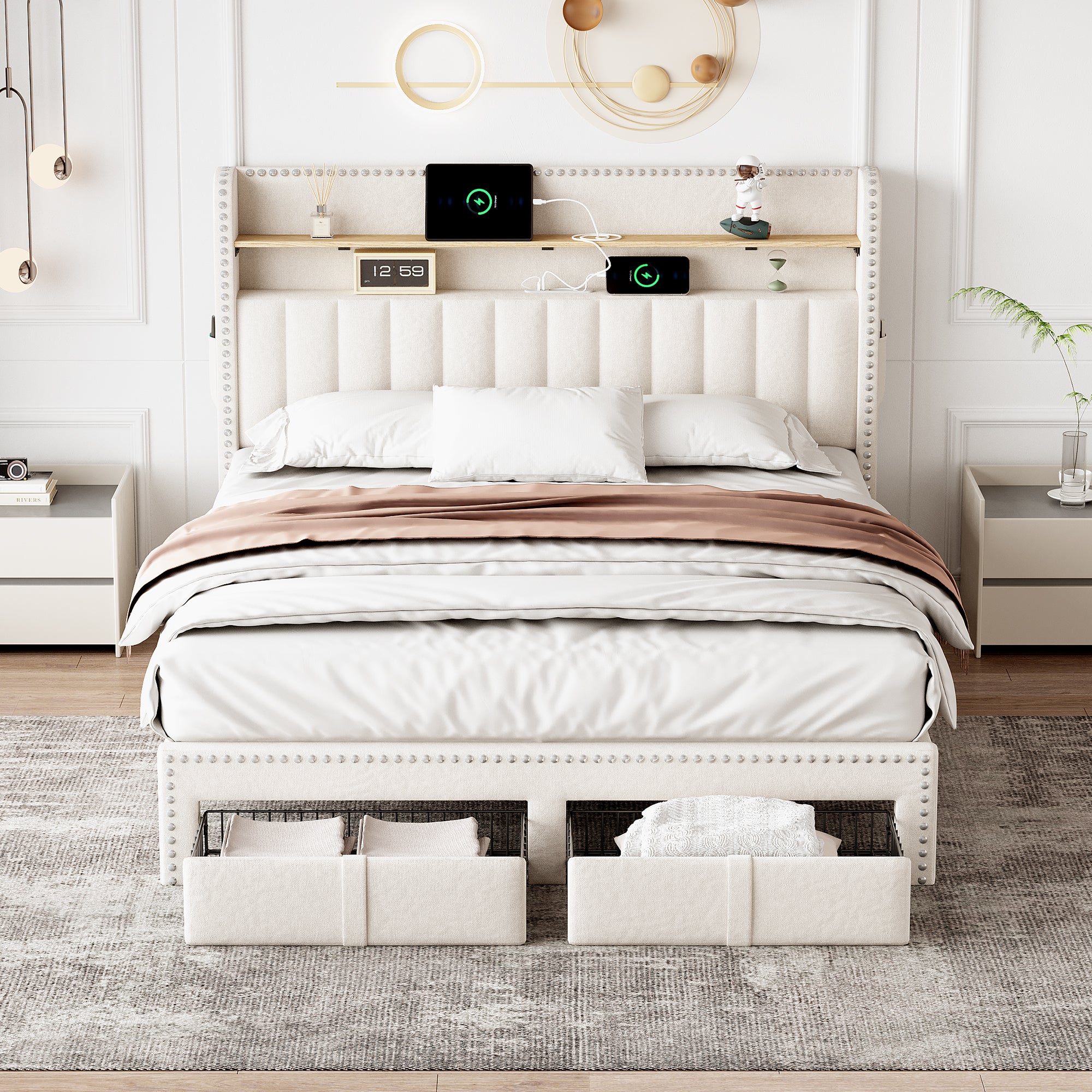 4ft6 Double Upholstered Bed with 2 Storage Drawers, Riveted Storage Bed with Charging and Lighting, Linen Platform Bed Frame No Box Spring Needed, Easy Assembly, Beige (No Mattress)