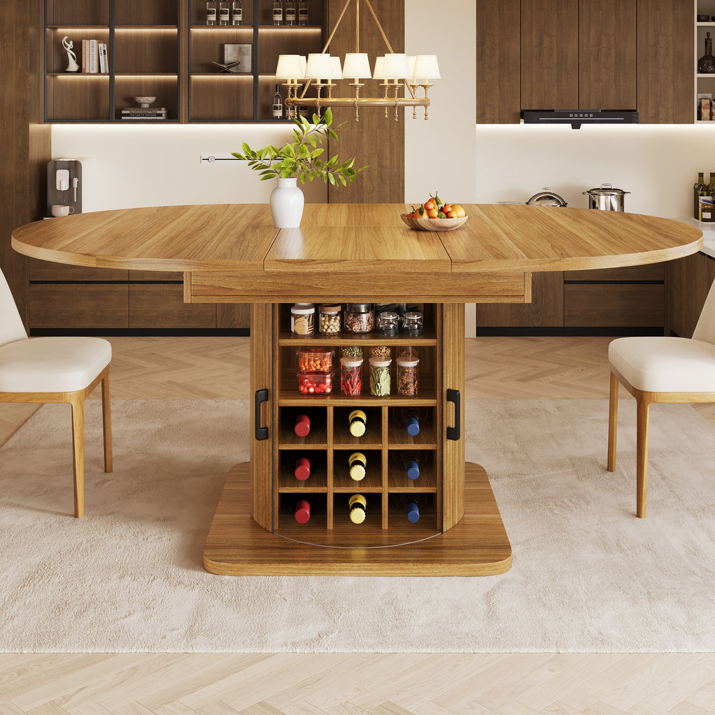 Extendable dining table with storage, multifunctional folding table with wine rack, space-saving kitchen table for small rooms and dining rooms, MDF tabletop, natural brown