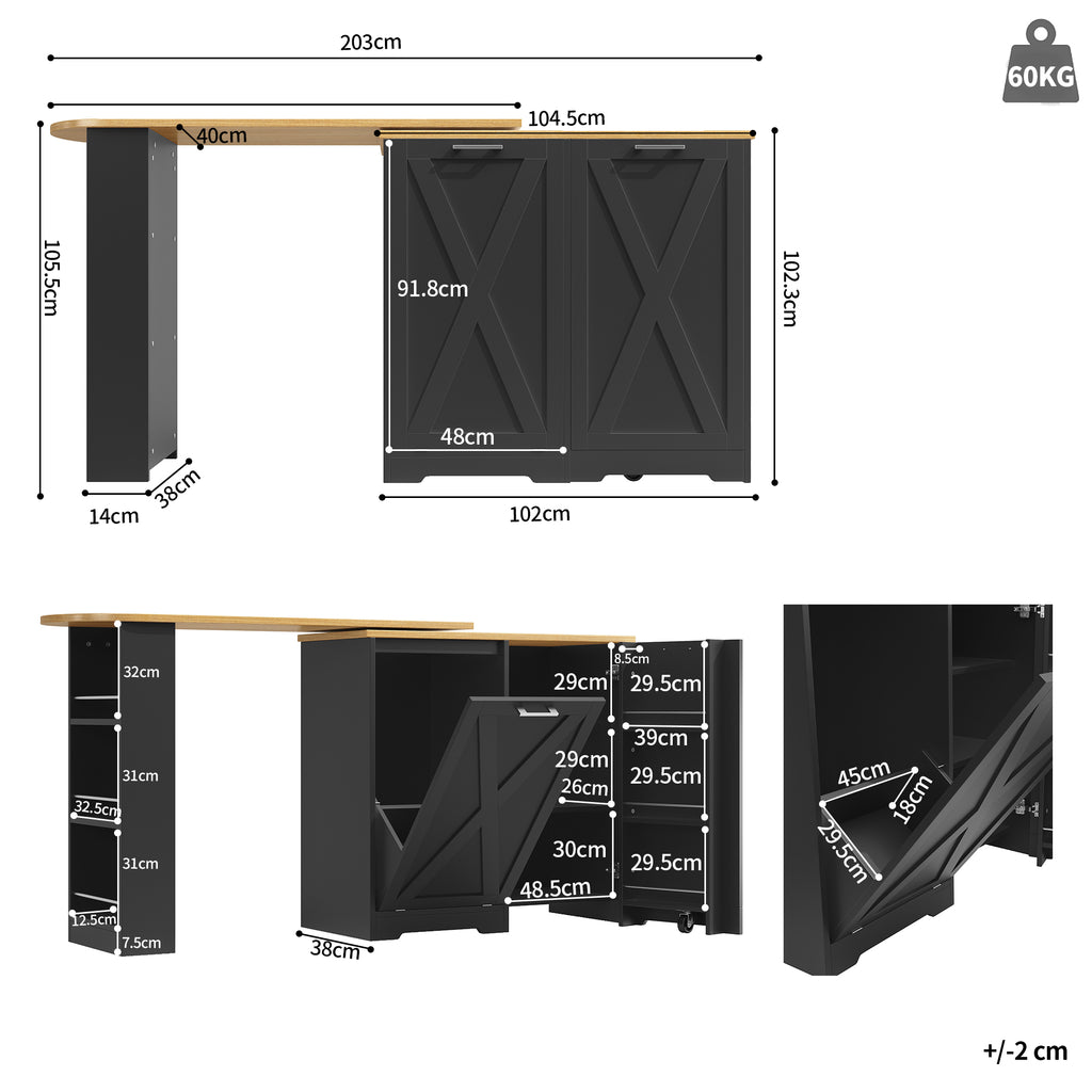 360° Rotating Kitchen Island, Modern Minimalist, Multifunctional Storage Cabinet, Ideal for Bedroom Living Room Dining Room, Swivel Sideboard with Side Shelves, Black Finish, Folding Door Design