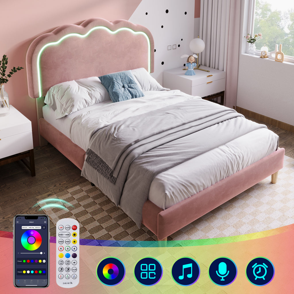Upholstered Bed, 3ft 90x190cm Single Bed with LED, Bed Frame with Wooden Slats and Adjustable Height Headboard, Teen Bed for Bedroom and Guest Room, Pink, Velvet Material, Without Mattress.