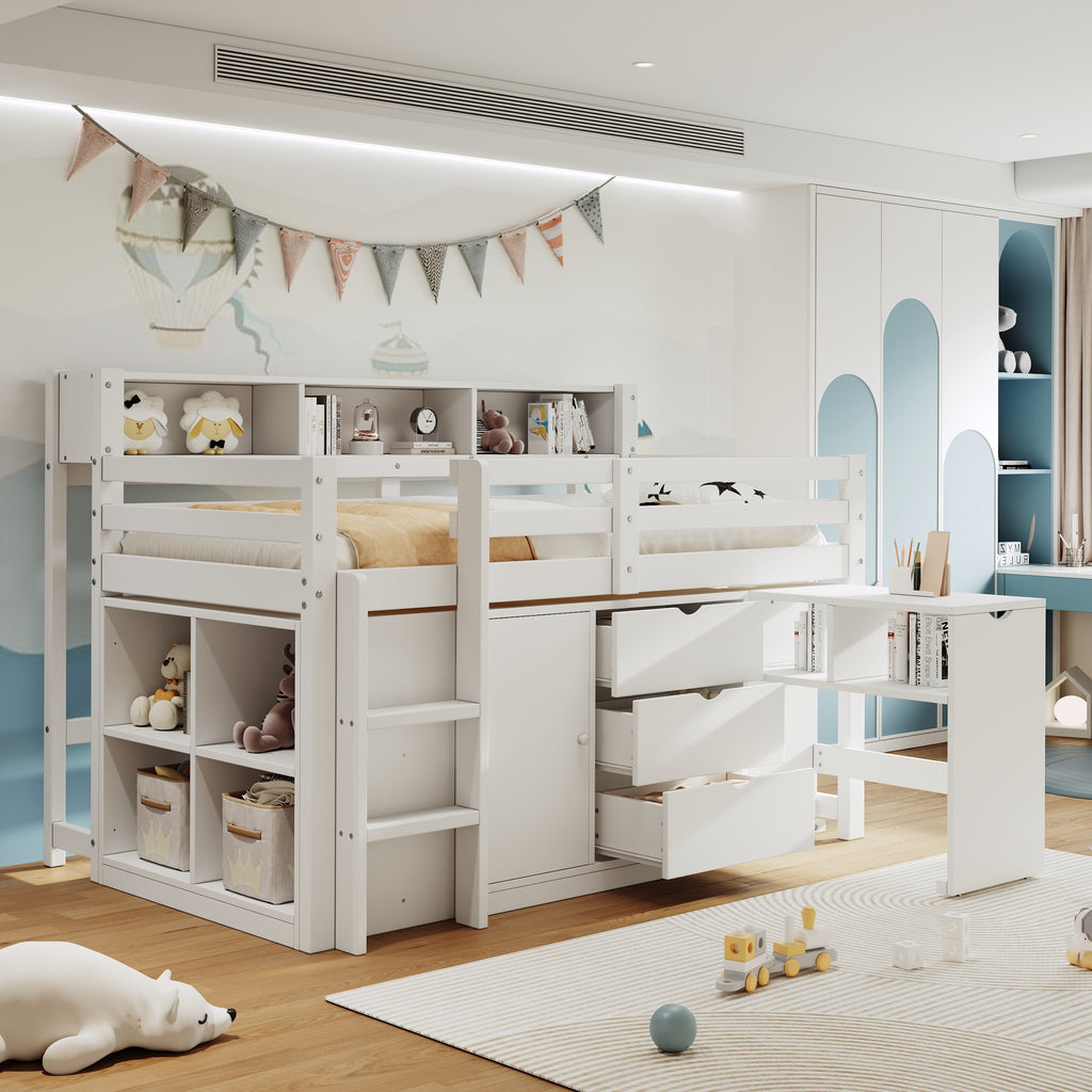 3ft Single Wooden Storage Bed with Pull-out Desk, Modern Wood Bed with Three Drawers, Storage Cabinet & Headboard Shelves, Space-saving Design with Storage Compartment, White (No Mattress)
