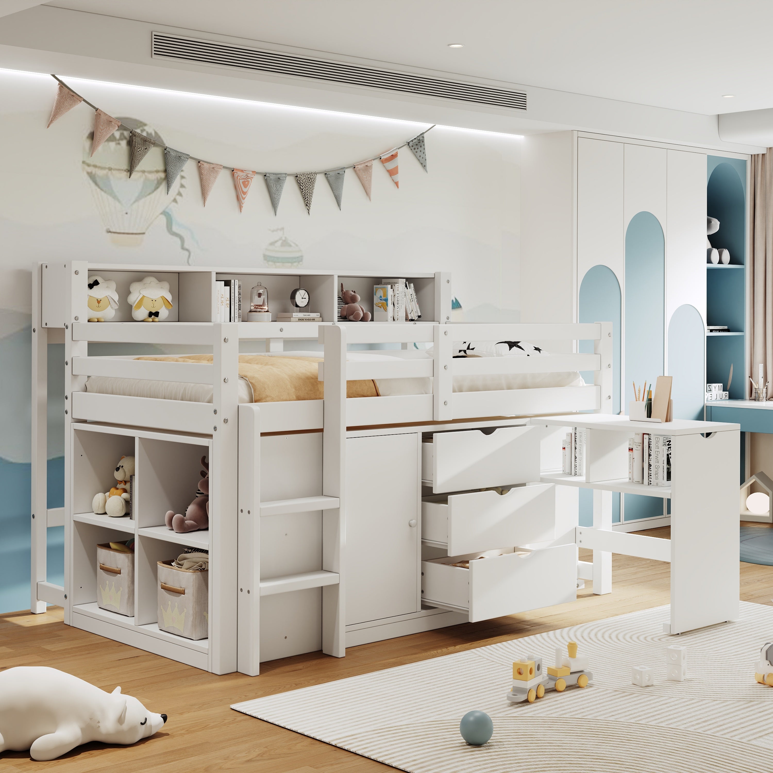 3ft Single Wooden Storage Bed with Pull-out Desk, Modern Wood Bed with Three Drawers, Storage Cabinet & Headboard Shelves, Space-saving Design with Storage Compartment, White (No Mattress)
