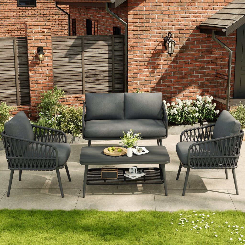 4 Seater Garden Set with Plastic Wood Storage Coffee Table, Polyester Rope Outdoor Set with Sofa and Armchairs, Weatherproof Outdoor Patio Sofa for Balcony and Terrace, Linen, Grey