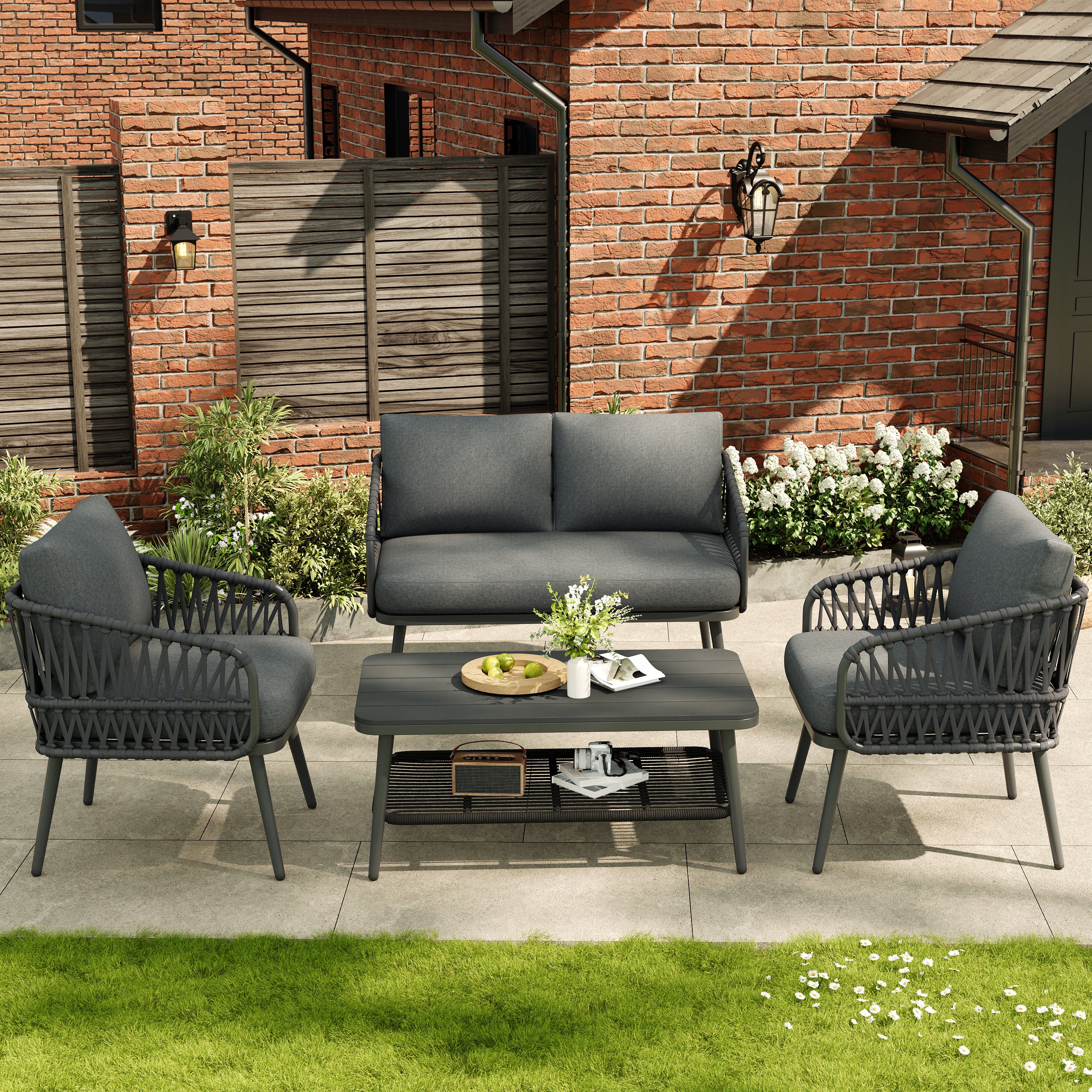 4 Seater Garden Set with Plastic Wood Storage Coffee Table, Polyester Rope Outdoor Set with Sofa and Armchairs, Weatherproof Outdoor Patio Sofa for Balcony and Terrace, Linen, Grey