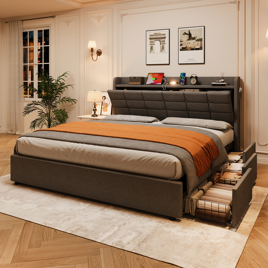 5ft King Bed Frame with Hydraulic Storage, Linen Upholstered  Bed with Concealed Headboard Storage and Drawers, Button Tufted Headboard with Charging Station and LED Night Light, Grey (No Mattress)