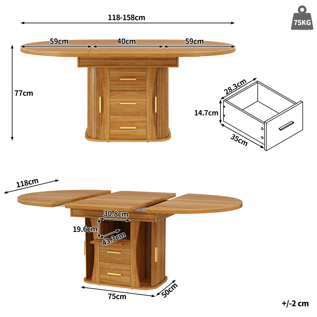 Extendable dining table, dining room table, kitchen table, round dining table, extends to oval, 118-158 cm, seats up to 6 people, three-tier storage, walnut