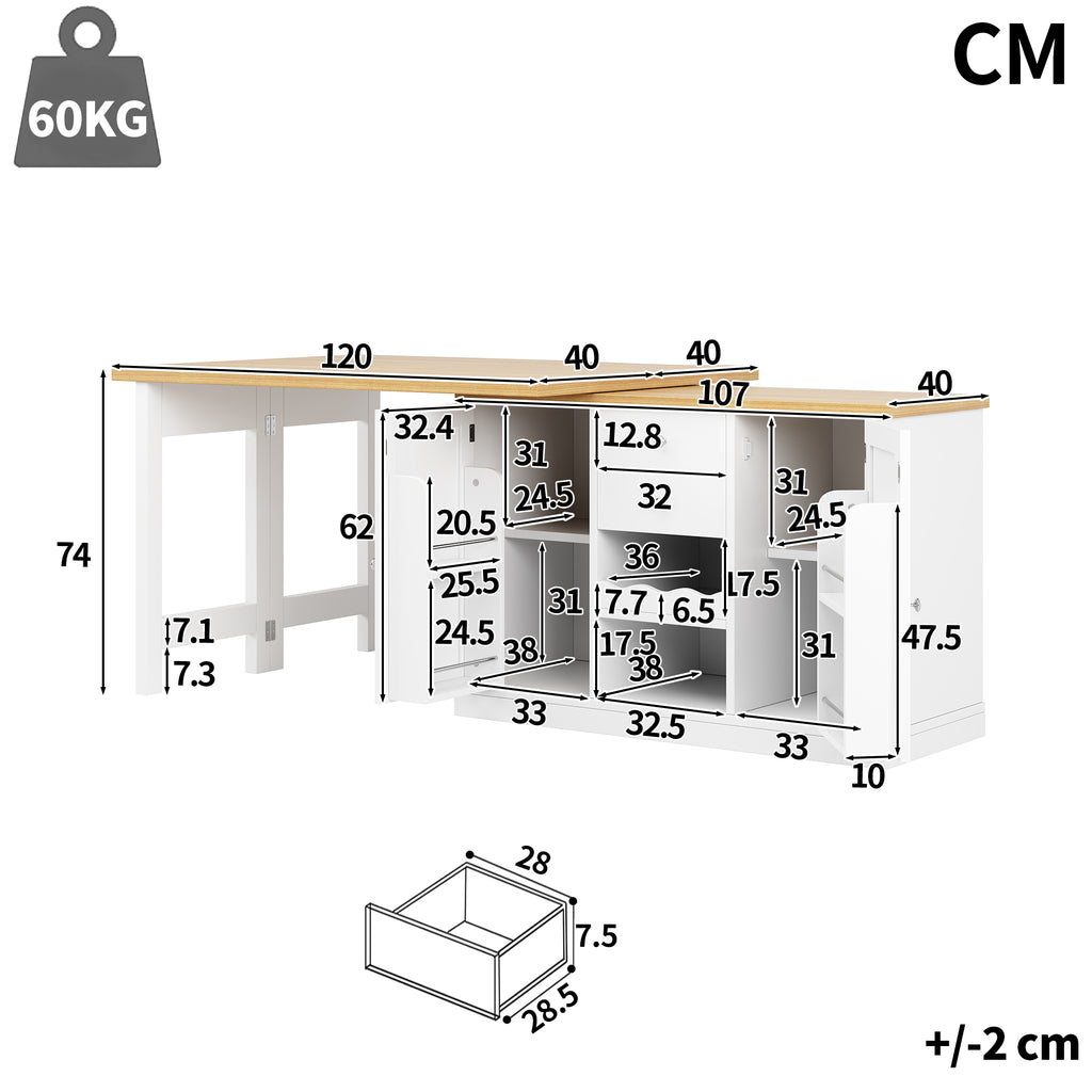 Extendable Sideboard & Dining Table Combo, 2 Drawers & Snack rack, Space-Saving Sideboard for Small Flats, White/Black