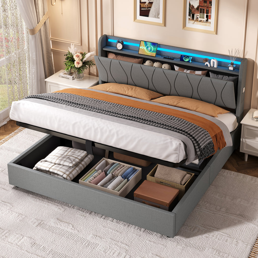 5ft King Upholstered Bed Frame with Hydraulic Storage, LED Headboard with Charging Station and Concealed Headboard Storage, USB and Type - C Ports, Linen, No Box Spring Needed, Grey (No Mattress)