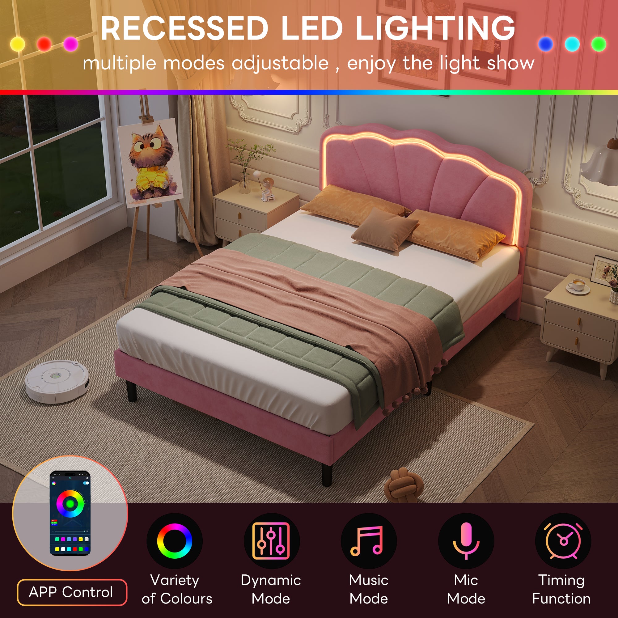4ft6 Double Upholstered Bed with LED Adjustable Shell Shape Headboard, Soft Velvet Bed Frame with Solid Wood Slat, No Box Spring Needed, Easy Assembly, Pink (No Mattress)