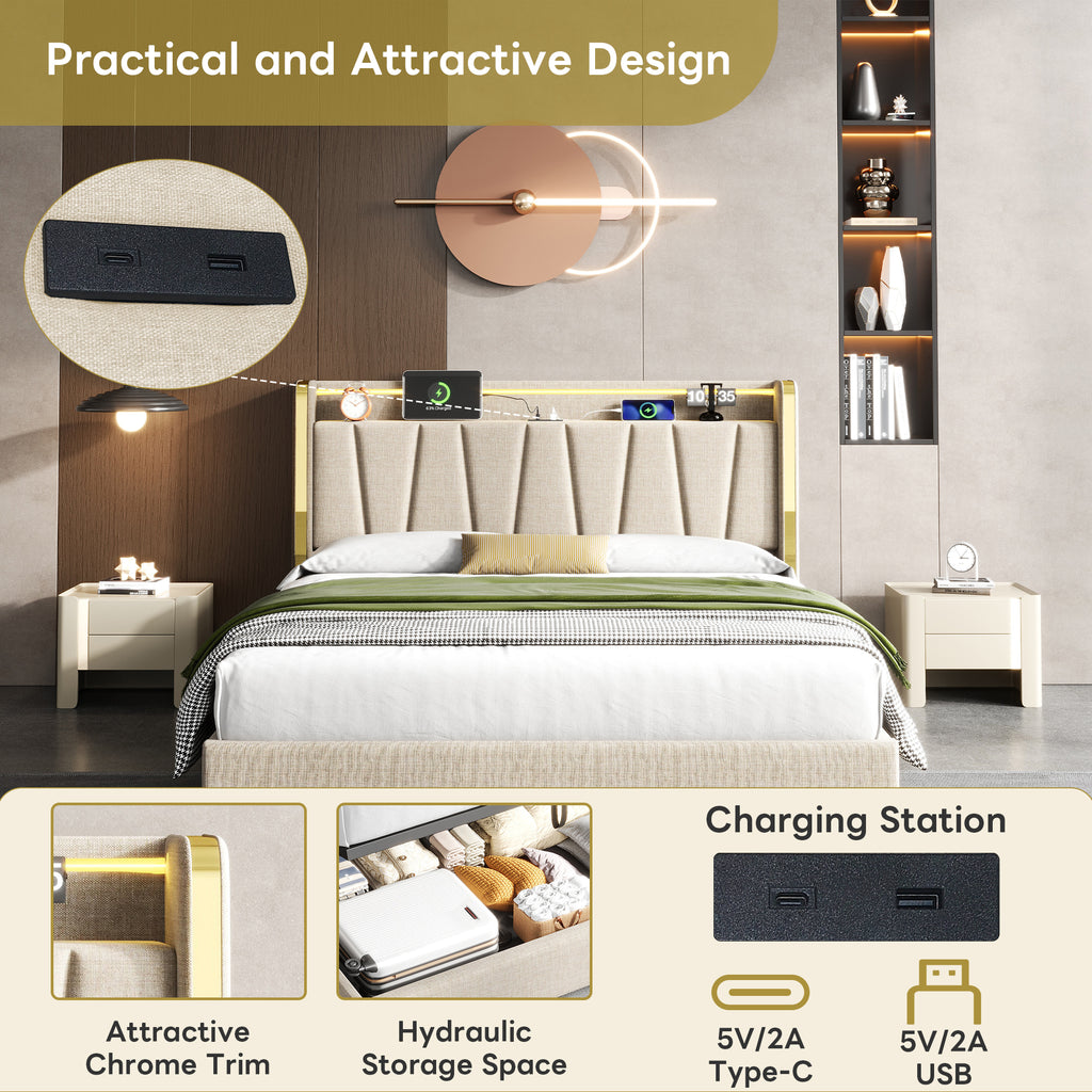 4ft6 Double Upholstered Bed Frame with Hydraulic Storage,  LED Headboard with Charging Station and Chrome Trim, USB and Type - C Ports, Linen, No Box Spring Needed, Beige (No Mattress)