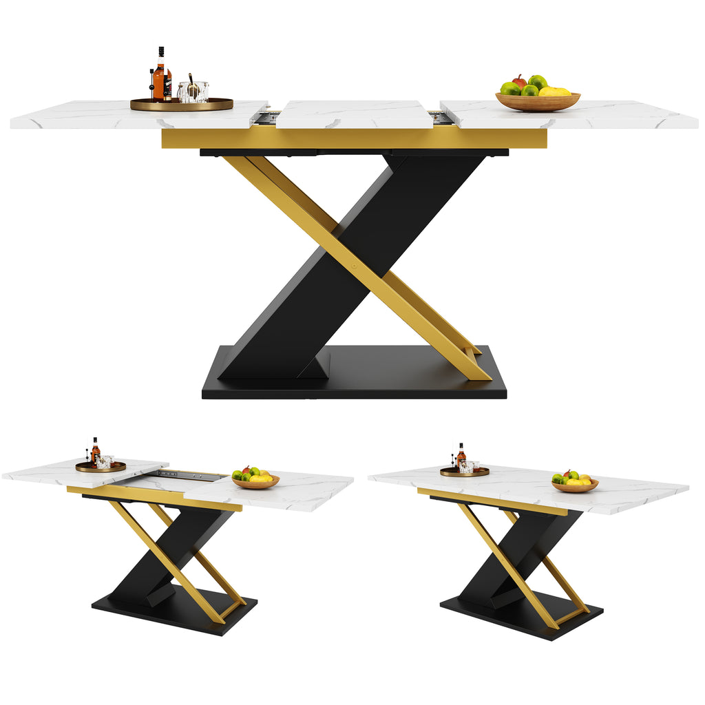 Extendable dining table (120–160 × 80 cm), kitchen/living room table, extendable table, extendable to 160 cm with the aid of an internal insert panel, dining table with golden cross legs