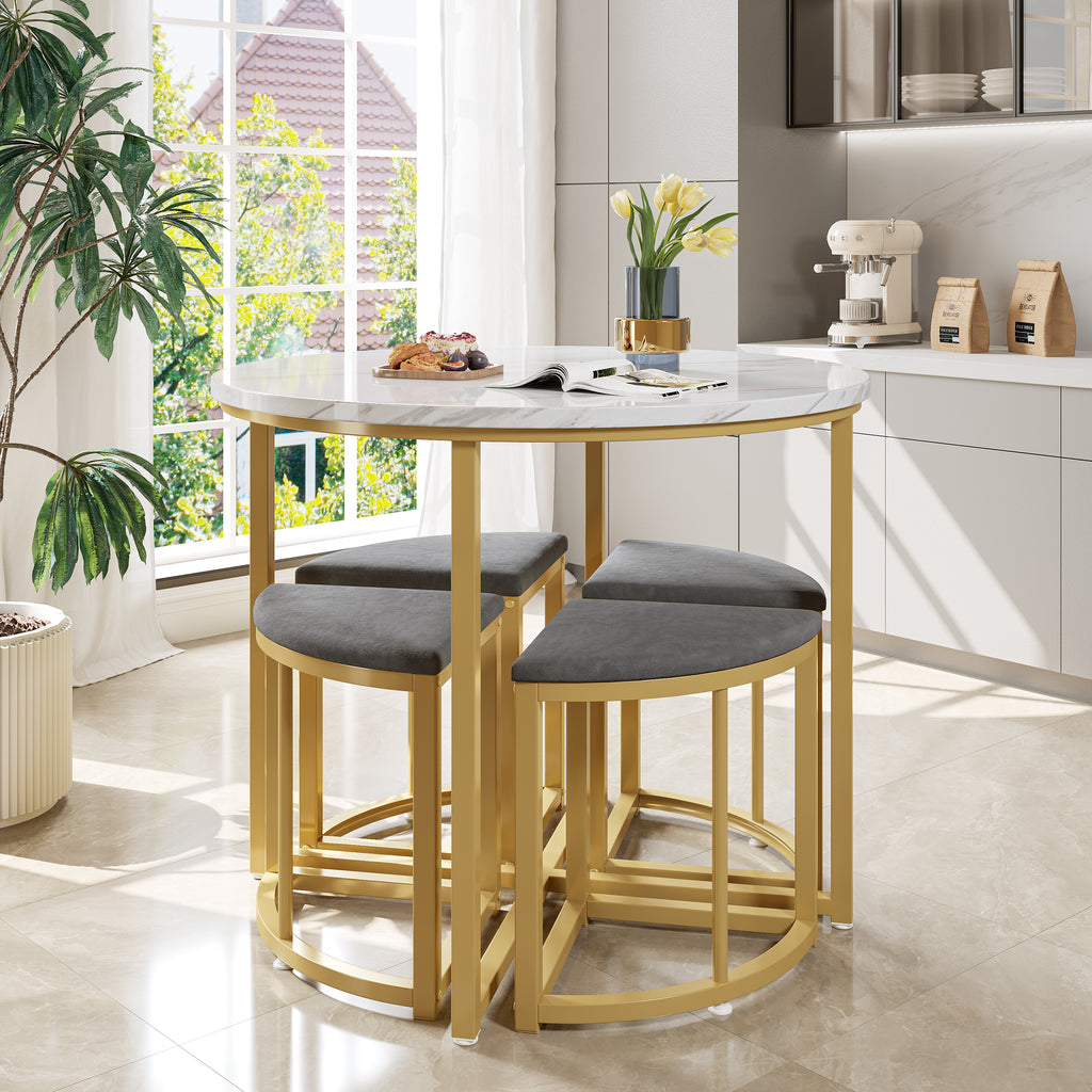 Modern metal frame round marble dining table and chair set (5 pieces) with 4 semi-circular stools, suitable for small apartments and restaurants