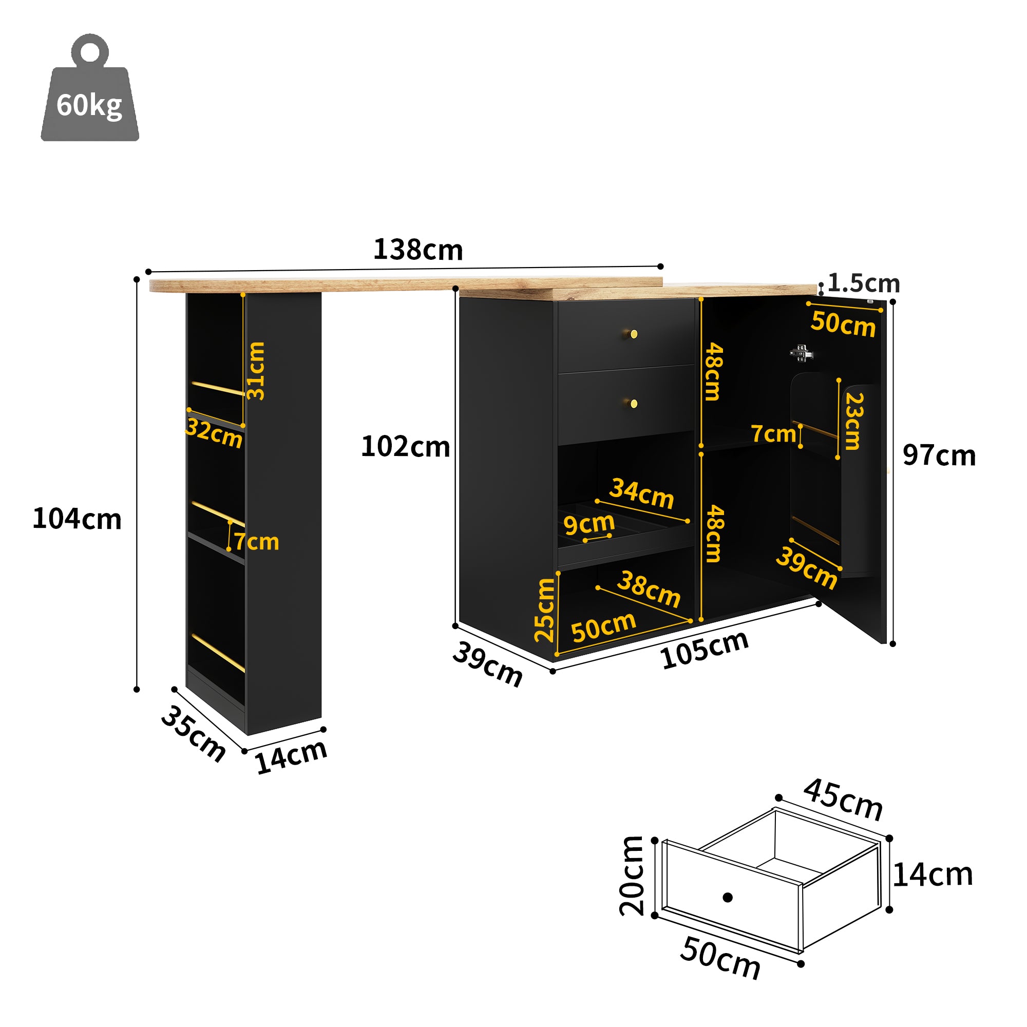 360° Swivelling Bar Table (105 x 39 x 102 cm), with 2 Drawers and Sliding Door Cabinet, 3 Levels of Open Storage Space, Suitable for Dining Room/Study/Living Room etc.
