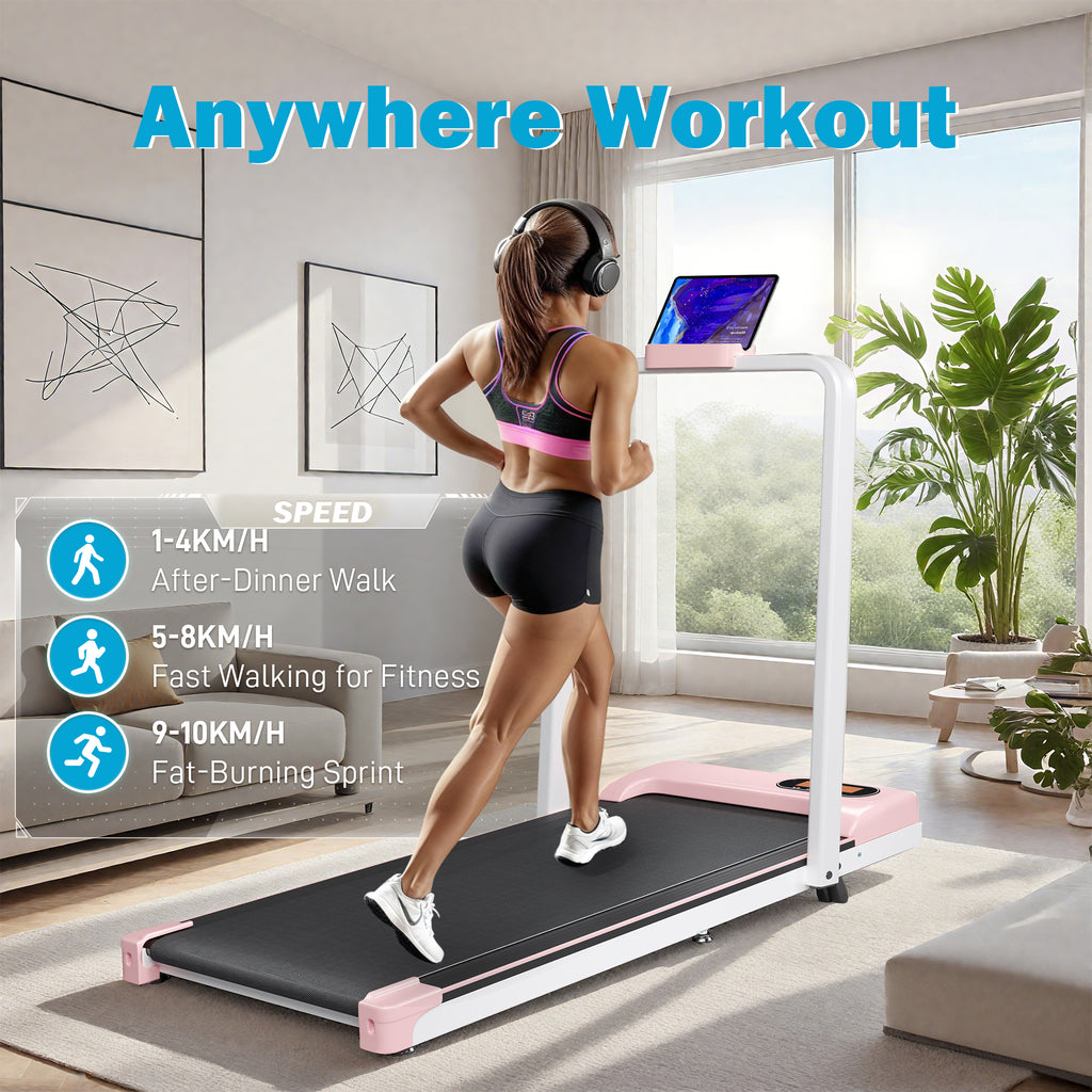 Folding Treadmill with Handrail & Adjustable Incline, 1-10 km/h Running Machine, Space Saving Low Noise Design, LED Display, Phone Holder, Remote Control, Transport Wheels & Plug, Pink.