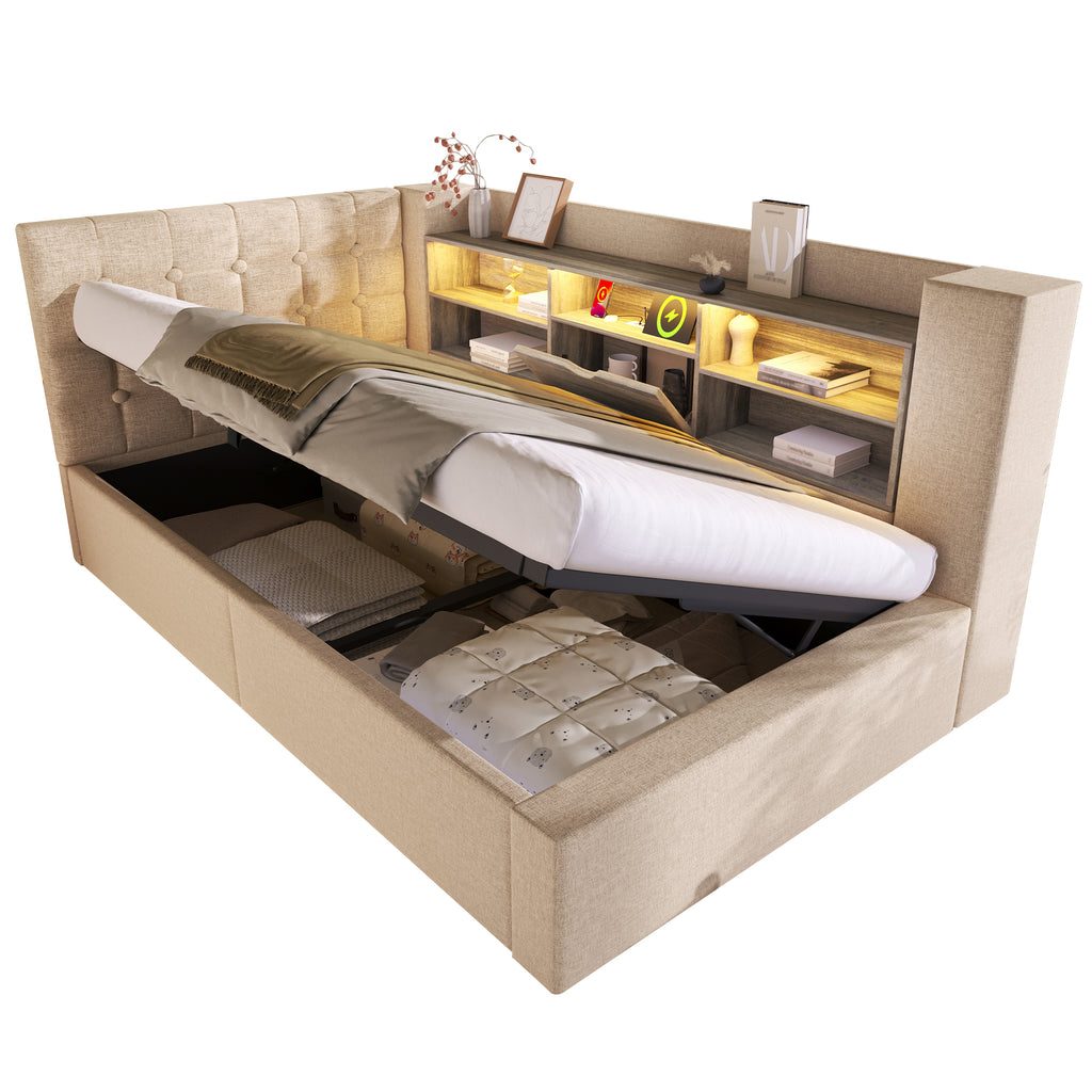 Daybed Upholstered Bed 90 x 190 cm, 3FT Single Sofa Bed with Hydraulic Storage, USB &Type-C Charging Station, Single Bed for Living Room and Bedroom, Linen, Beige (No Mattress)