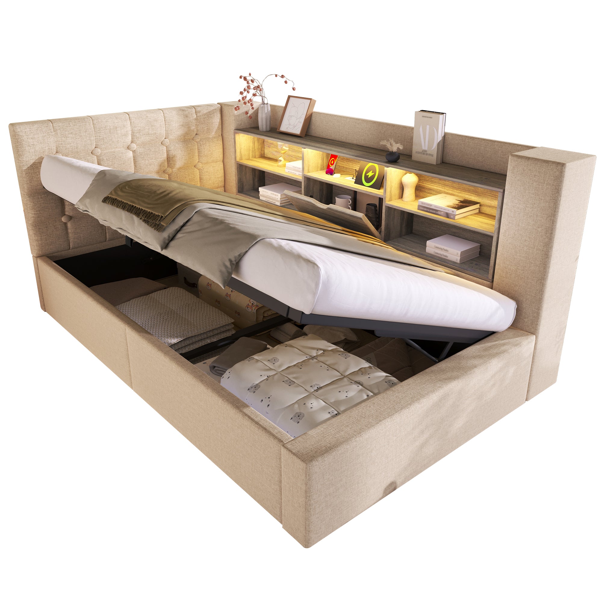 Daybed Upholstered Bed 90 x 190 cm, 3FT Single Sofa Bed with Hydraulic Storage, USB &Type-C Charging Station, Single Bed for Living Room and Bedroom, Linen, Beige (No Mattress)