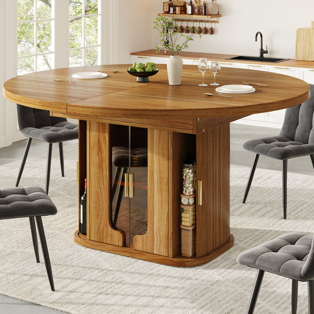 Extendable dining table, dining room table, kitchen table, round dining table, extends to oval, 118-158 cm, seats up to 6 people, dining table with glass doors, Walnut