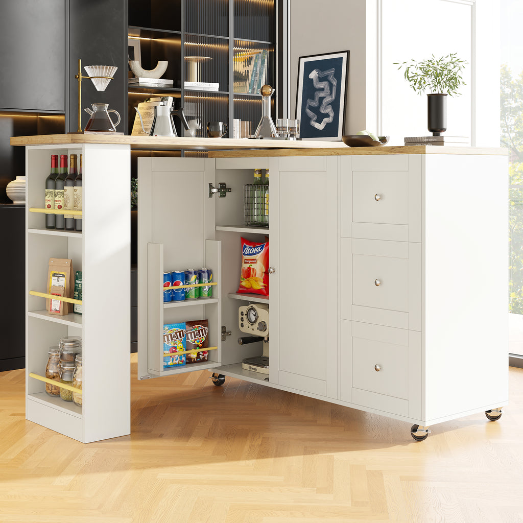 360° swivelling dining table (138-209 x 39 x 106 cm) on castors, bar table, white, with three drawers and snack rack, multifunctional storage island, suitable for kitchen and living room.