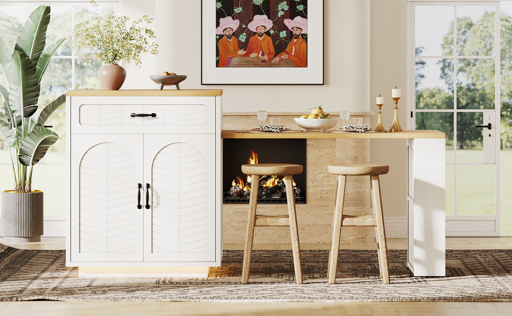Extendable Kitchen Island with Dining Table, Multifunctional Storage Cabinet with Drawers, Doors, Wine Rack & LED Light, for Kitchen & Dining Room