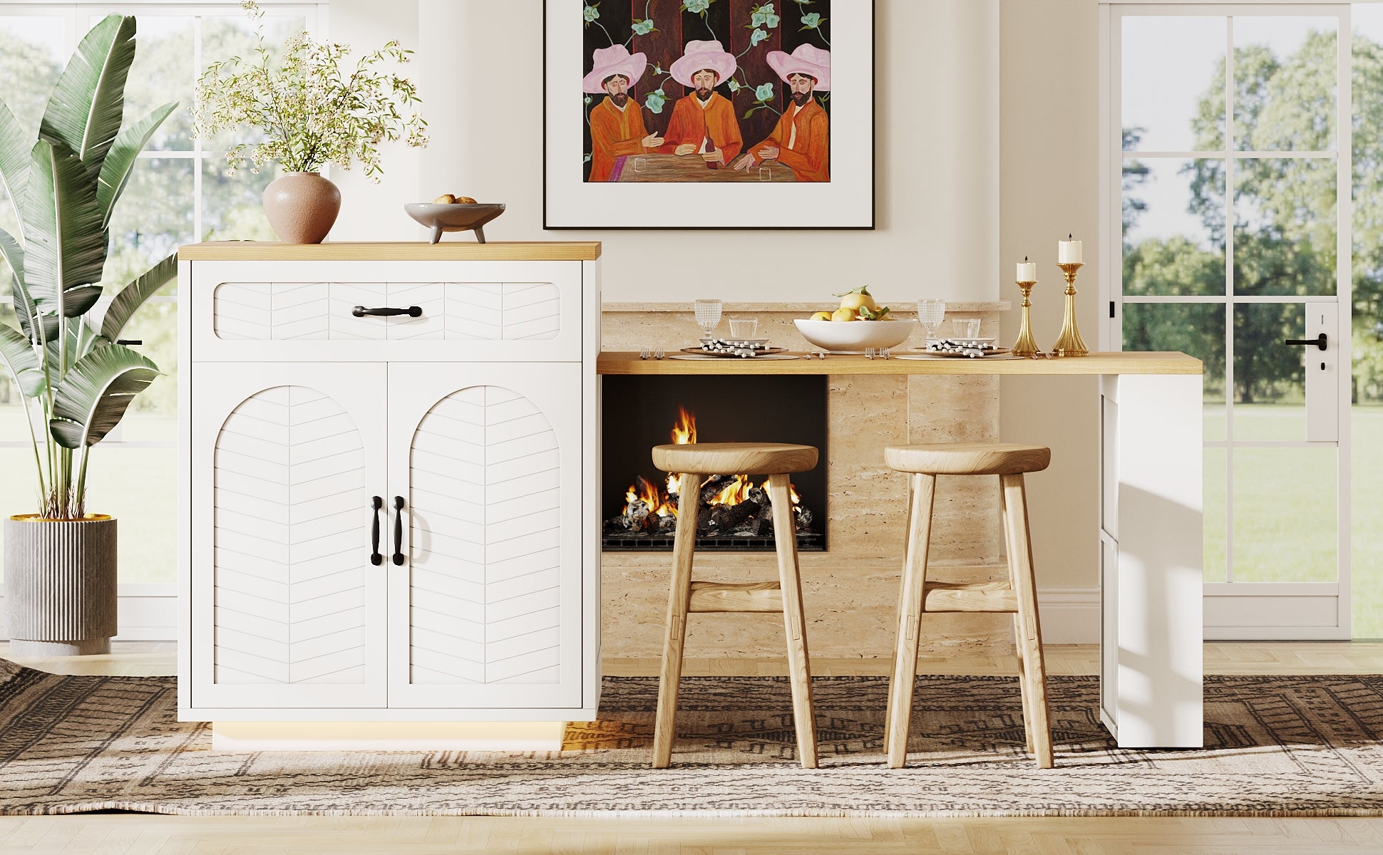 Extendable Kitchen Island with Dining Table, Multifunctional Storage Cabinet with Drawers, Doors, Wine Rack & LED Light, for Kitchen & Dining Room