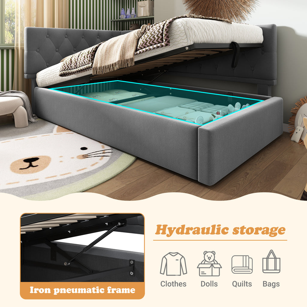 Daybed Upholstered Bed with Storage, 3FT Single Sofa Bed 90 x 190 cm, Ottoman Bed with Hydraulic Storage, Metal Slatted Bed Frame, Velvet, Grey (No Mattress)