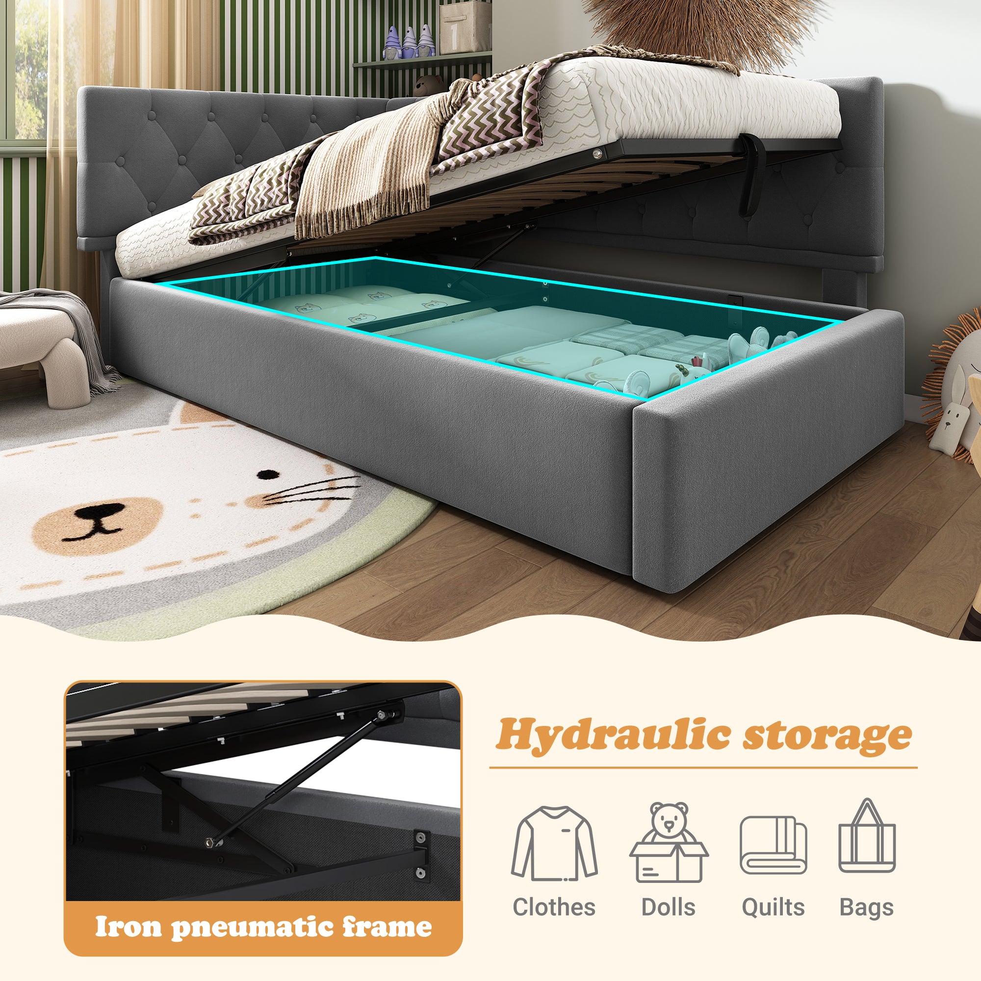 Daybed Upholstered Bed with Storage, 3FT Single Sofa Bed 90 x 190 cm, Ottoman Bed with Hydraulic Storage, Metal Slatted Bed Frame, Velvet, Grey (No Mattress)
