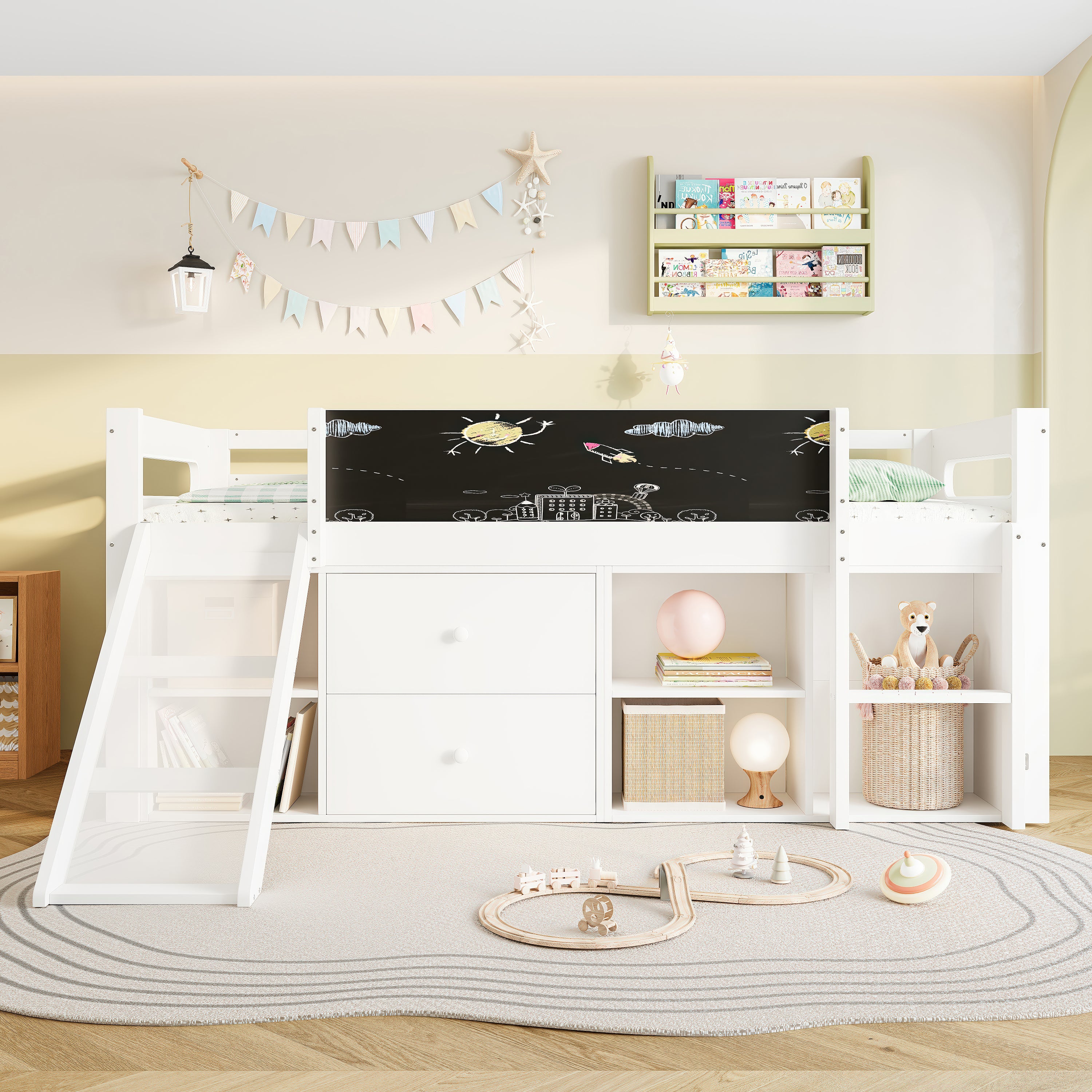 3ft Single Modern Wood Bed with Slide & Blackboard, Wooden Children's Cabin Bed with 2 Drawers & Storage Shelves, Interchangeable Ladder, Space-Saving Loft Bed, White (No Mattress)