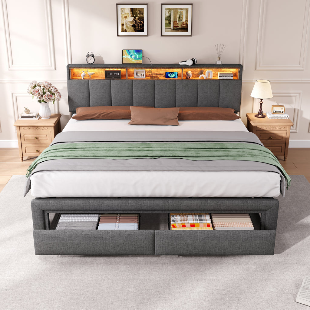 6ft Super King Upholstered Bed Frame with Hydraulic and Drawers Storage, LED Adjustable Headboard with Charging Station and Concealed Headboard Storage, Linen, No Box Spring Needed, Grey (No Mattress)