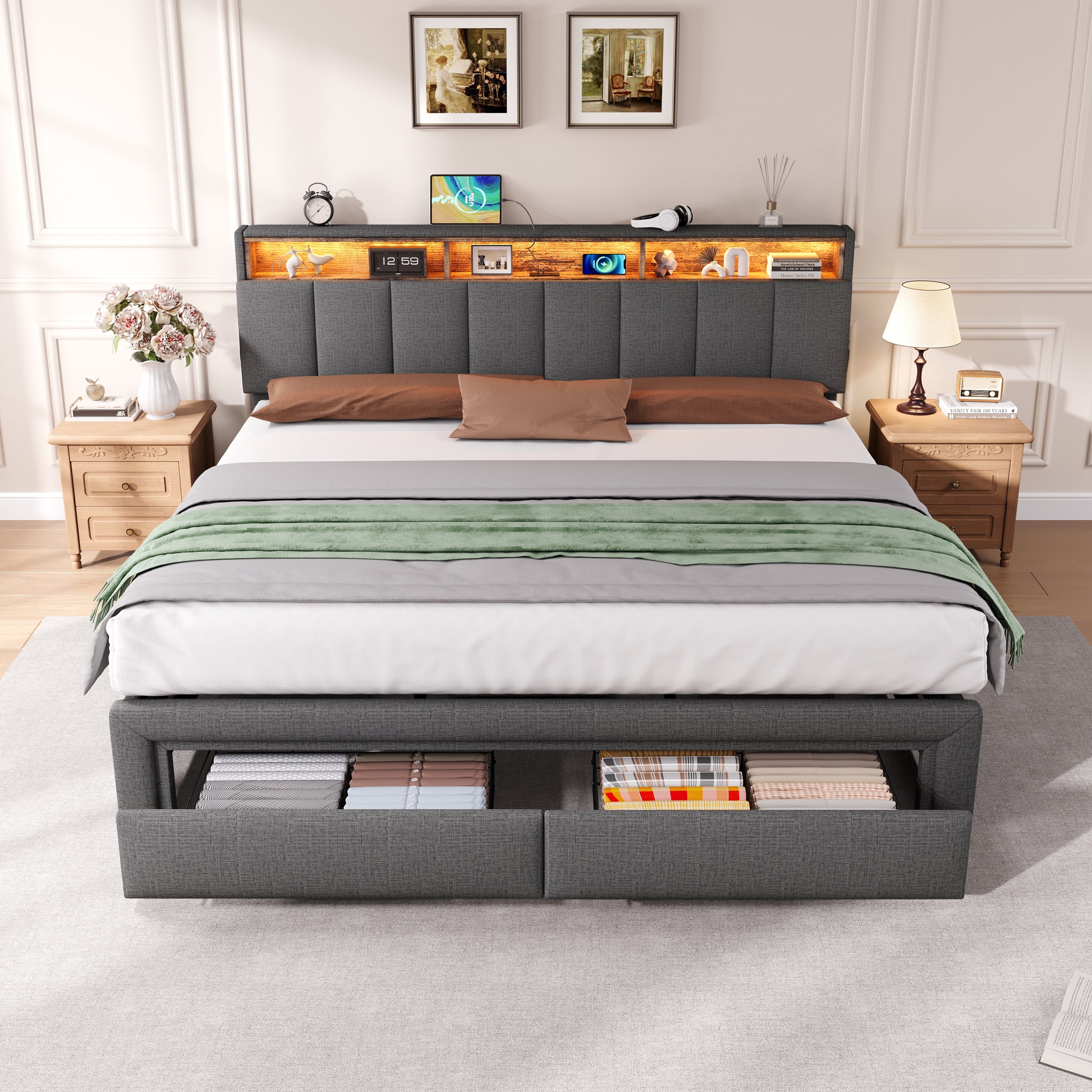 6ft Super King Upholstered Bed Frame with Hydraulic and Drawers Storage, LED Adjustable Headboard with Charging Station and Concealed Headboard Storage, Linen, No Box Spring Needed, Grey (No Mattress)