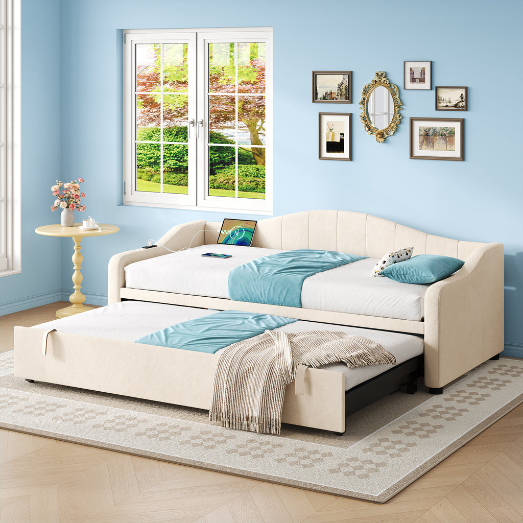 Upholstered Bed 90x190cm, Daybed, Sofa Bed with Charging Station, 3ft Single Velvet Bed with USB and Type - C Ports, Pull out Trundle Bed for Living Room/ Bedroom/ Study Room, Beige (No Mattress)