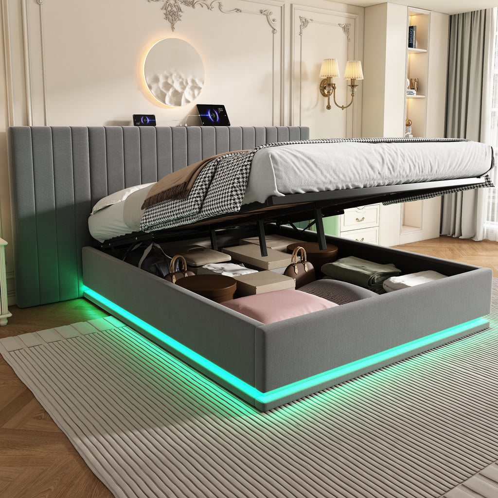 King Ottoman Bed with LED Lighting, Velvet Hydraulic Storage Bed with Charging Station, 5ft King Bed Frame Channel Tufted with Wide Headboard, USB and Type - C Ports, Grey (No Mattress)