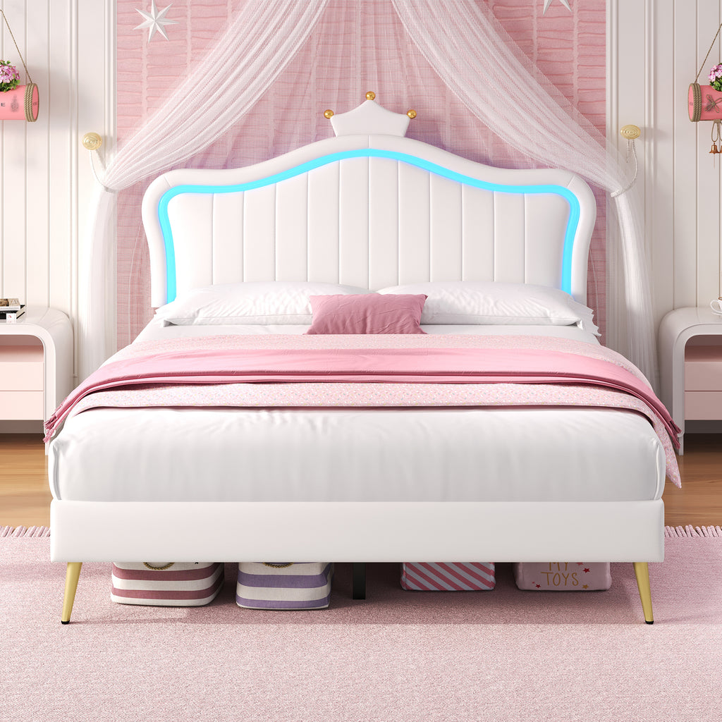 4ft6 Double Upholstered Bed with LED Adjustable Crown Shape Headboard, PU Leather Bed Frame with Solid Wood Slat, No Box Spring Needed, Easy Assembly, Cream White (No Mattress)