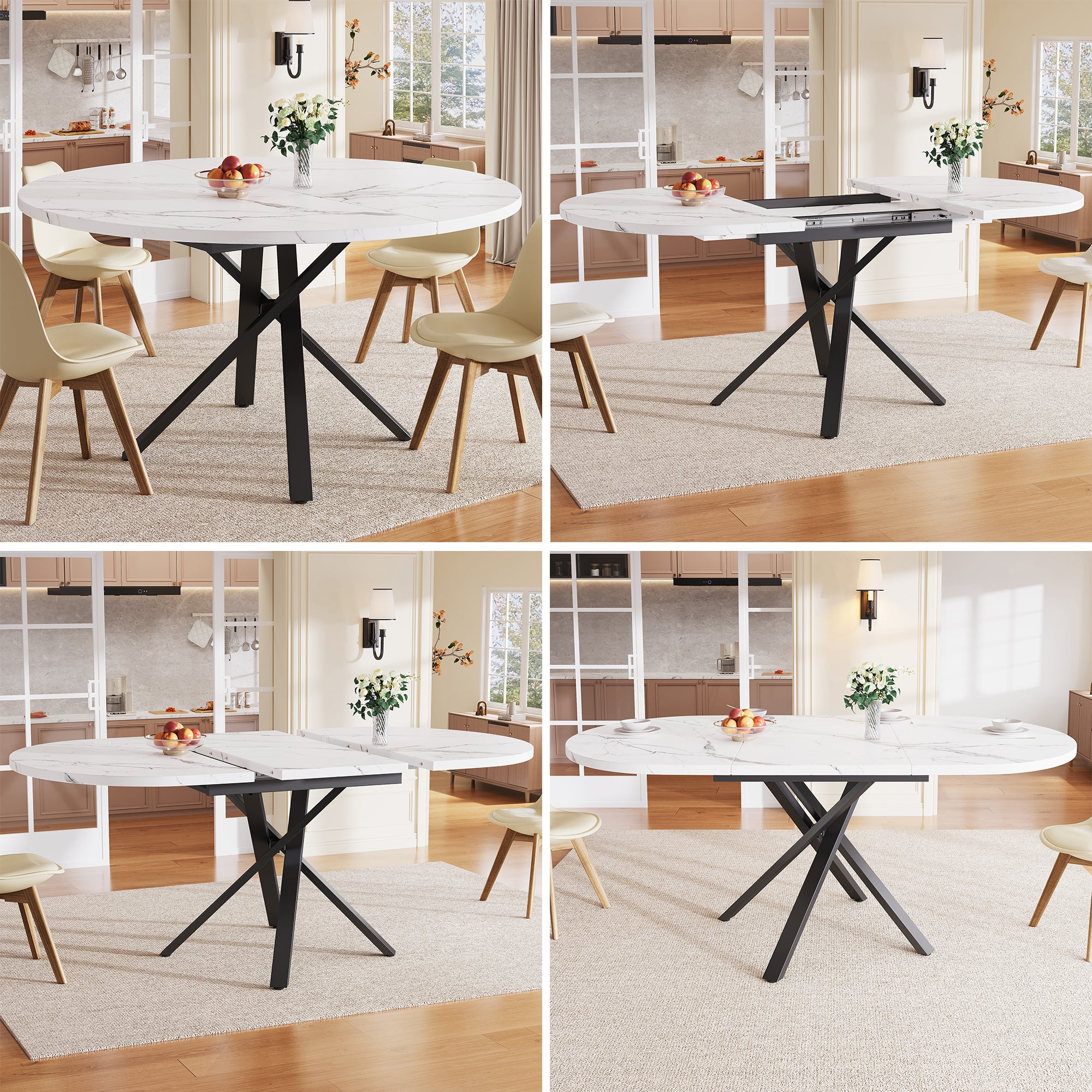 Extendable dining table 100-140cm, round-oval table, stable X-metal frame, adjustable feet, white&black