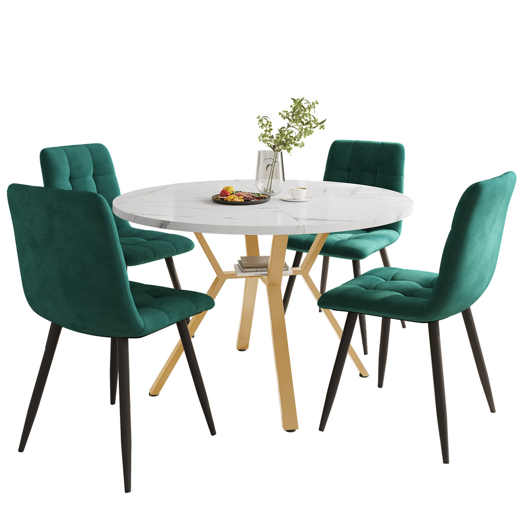 Dining table set, dining table and chair set (5-piece), modern, simple round marble dining table and chair set, gold-coloured metal table legs + 4 ergonomic velvet chairs, green dining chairs